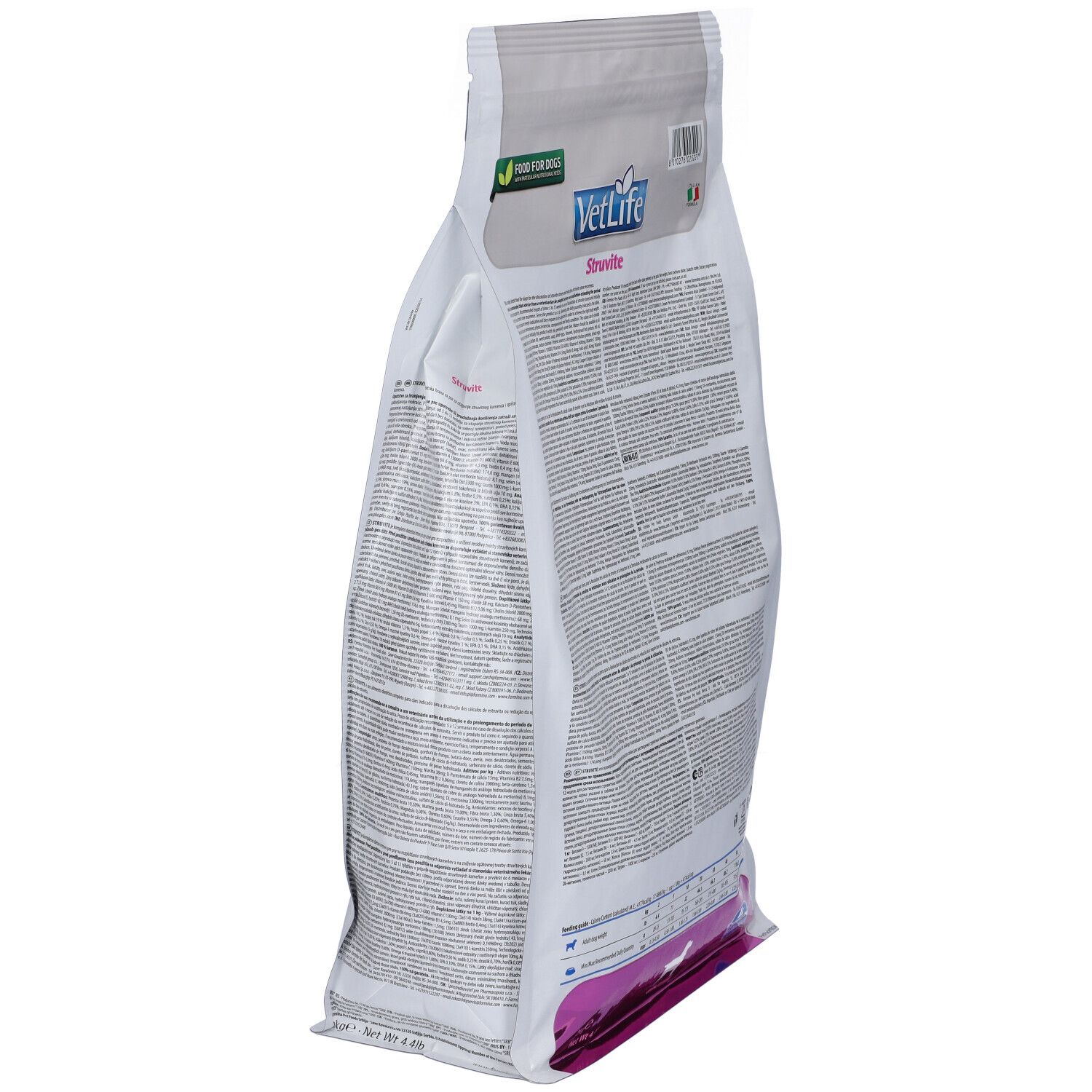 Retro inclinato di un sacchetto bianco con scritta "VetLife Struvite". Logo, nome del prodotto e testo.