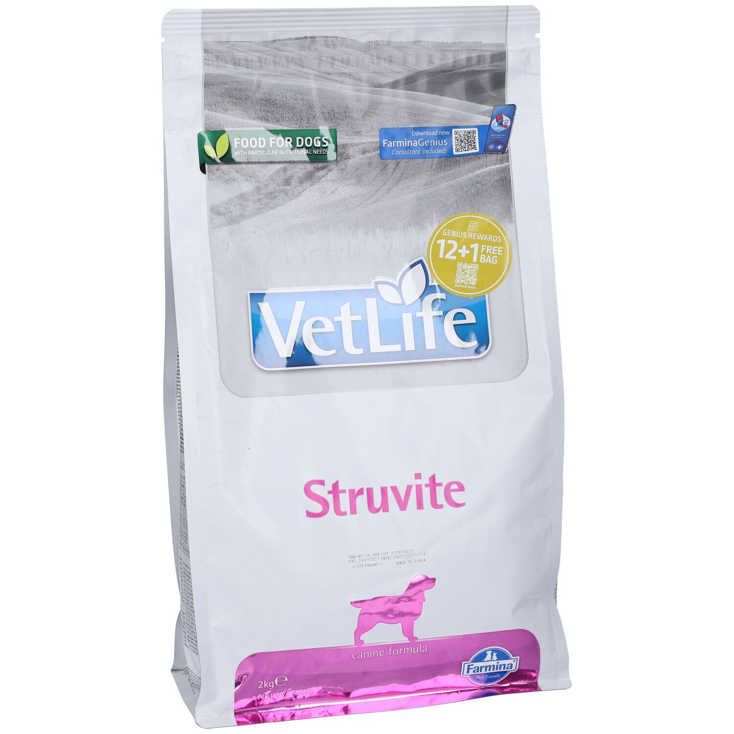 Sacchetto bianco con scritta "VetLife Struvite". Logo, nome del prodotto e silhouette di cane. "Food for Dogs" e "12+1 free bag".