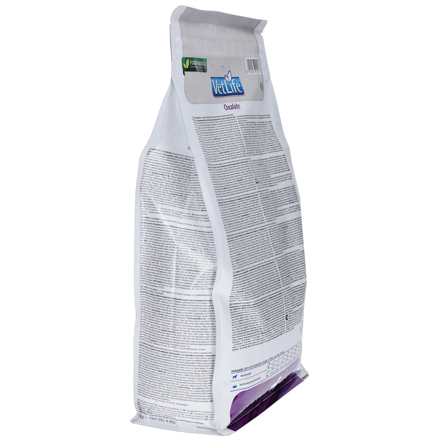 Sacchetto bianco, vista laterale. Scritte: VetLife, Oxalate. Loghi e testo. Parzialmente trasparente.