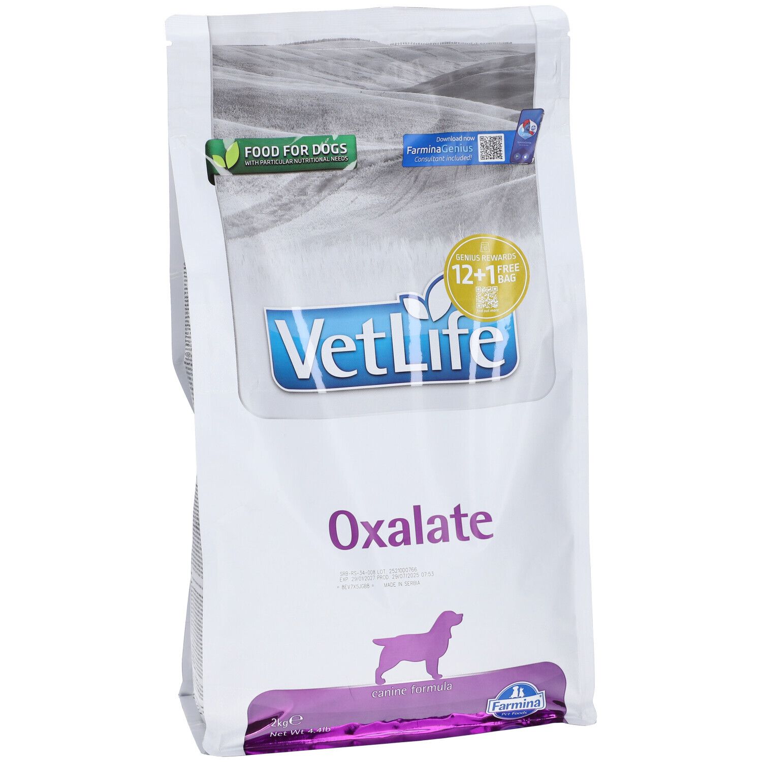 Sacchetto bianco con finestra trasparente. Scritte: VetLife, Oxalate, sagoma di cane. Loghi e codice QR.