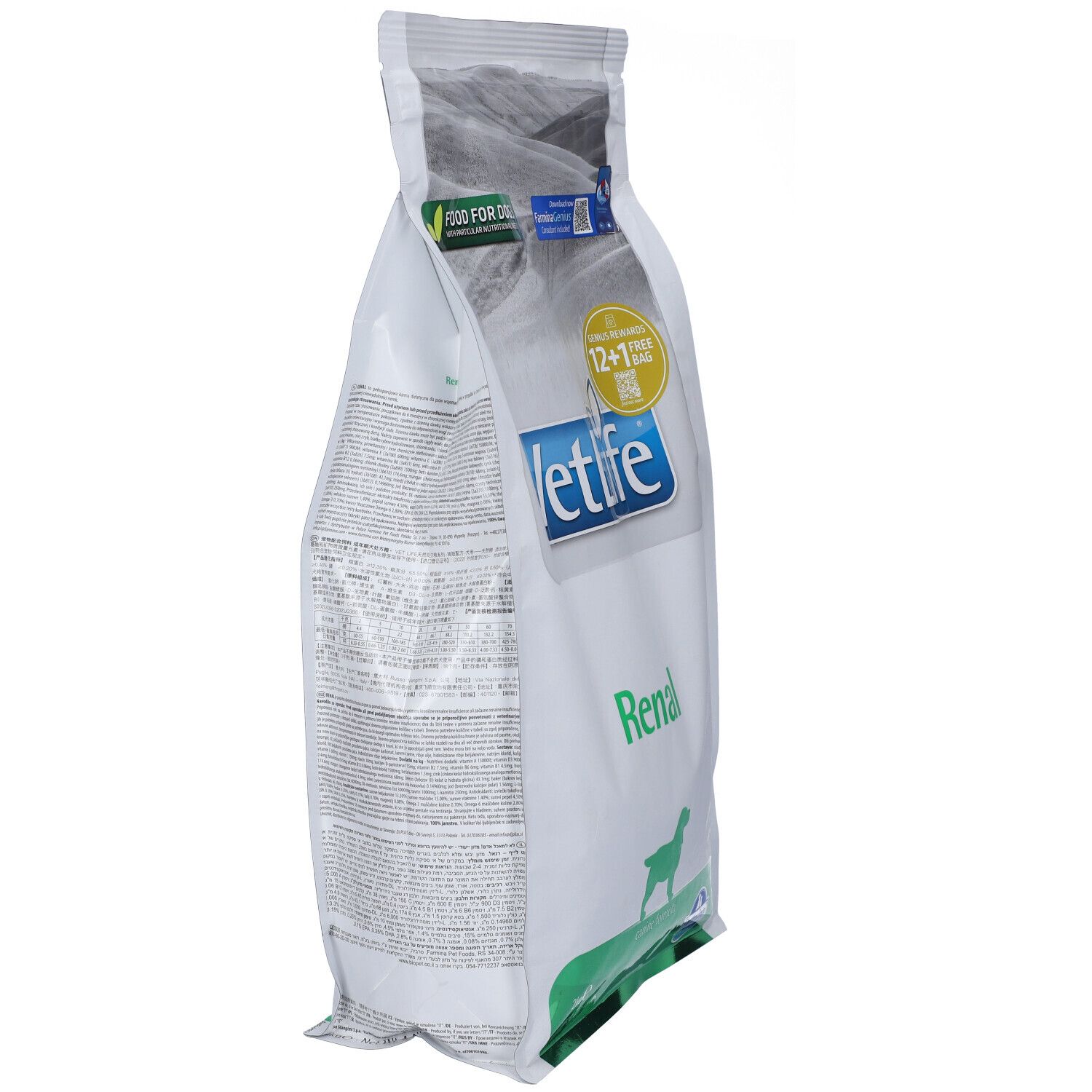 Vista obliqua del sacchetto di cibo secco. Scritta VetLife Renal. Confezione verde e bianca con logo e nome del prodotto.