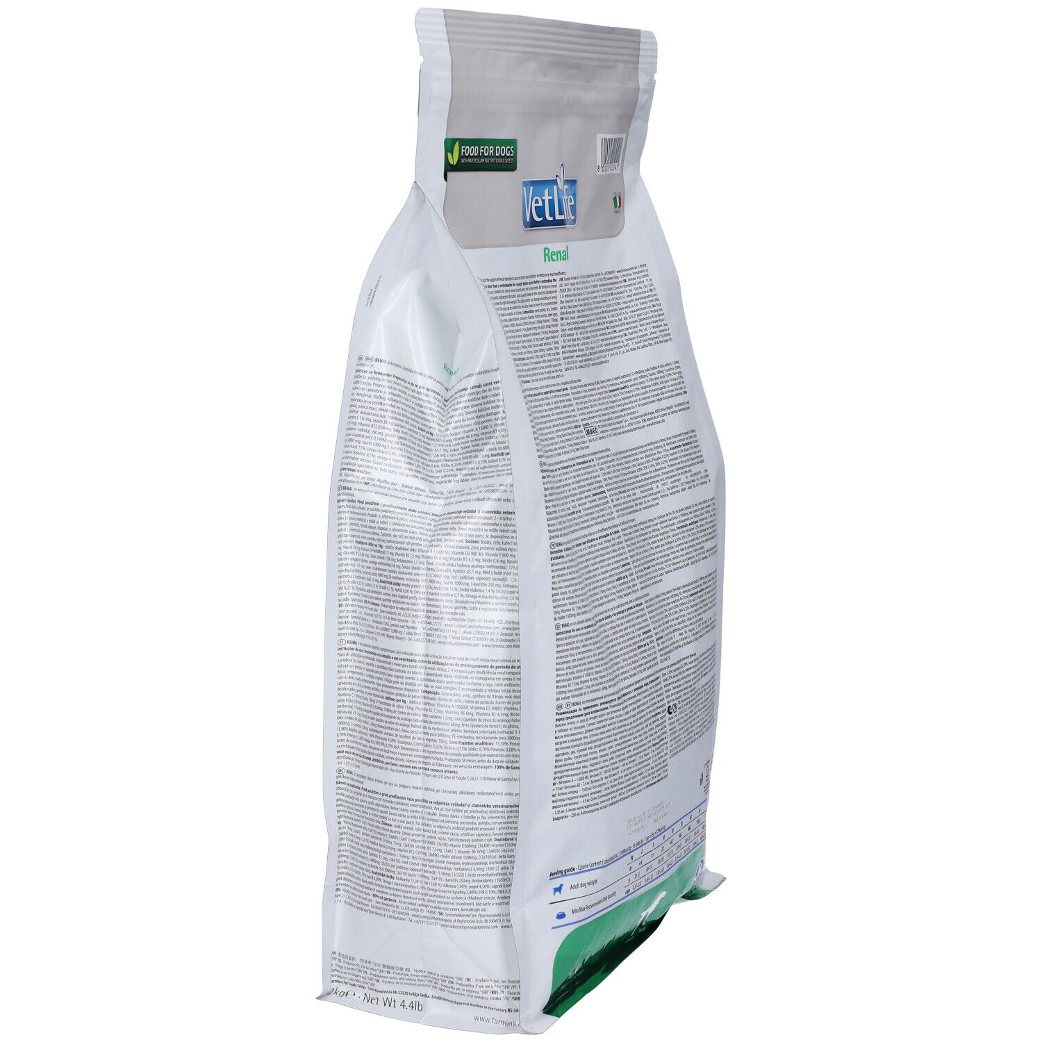 Vista obliqua del sacchetto di cibo secco. Scritta VetLife Renal. Confezione verde e bianca con logo e nome del prodotto.