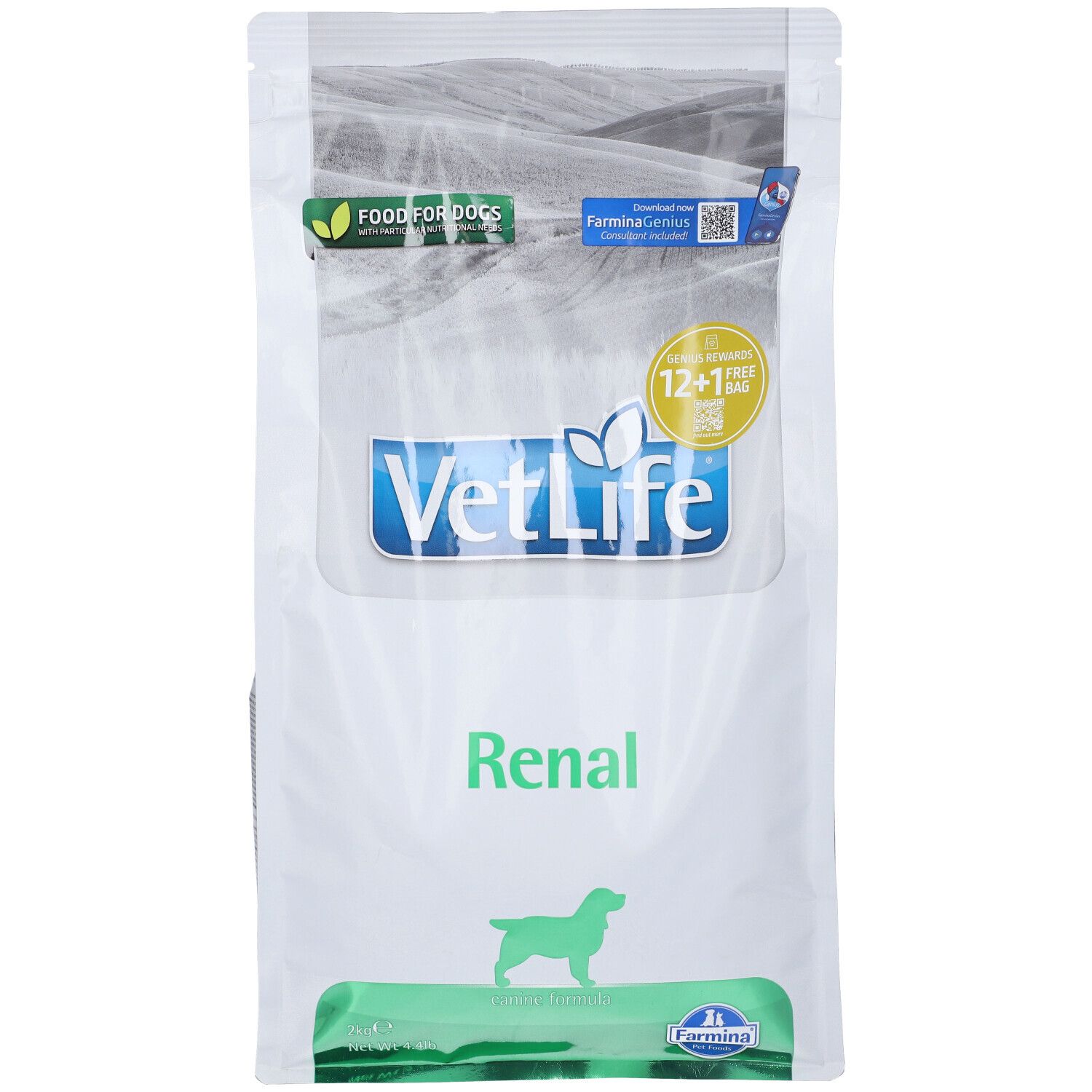 Sacchetto di cibo secco con scritta VetLife Renal. Confezione verde e bianca con logo e nome del prodotto. 12+1 gratis.