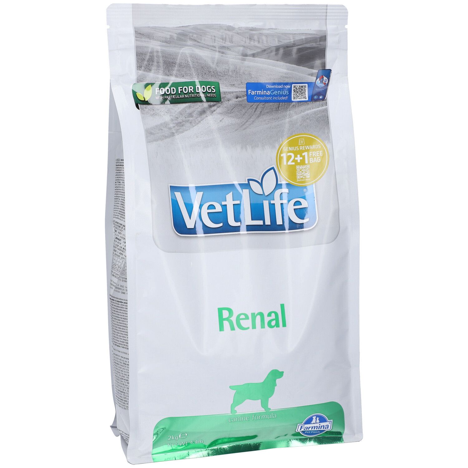 Sacchetto di cibo secco con scritta VetLife Renal. Confezione verde e bianca con logo e nome del prodotto. 12+1 gratis.