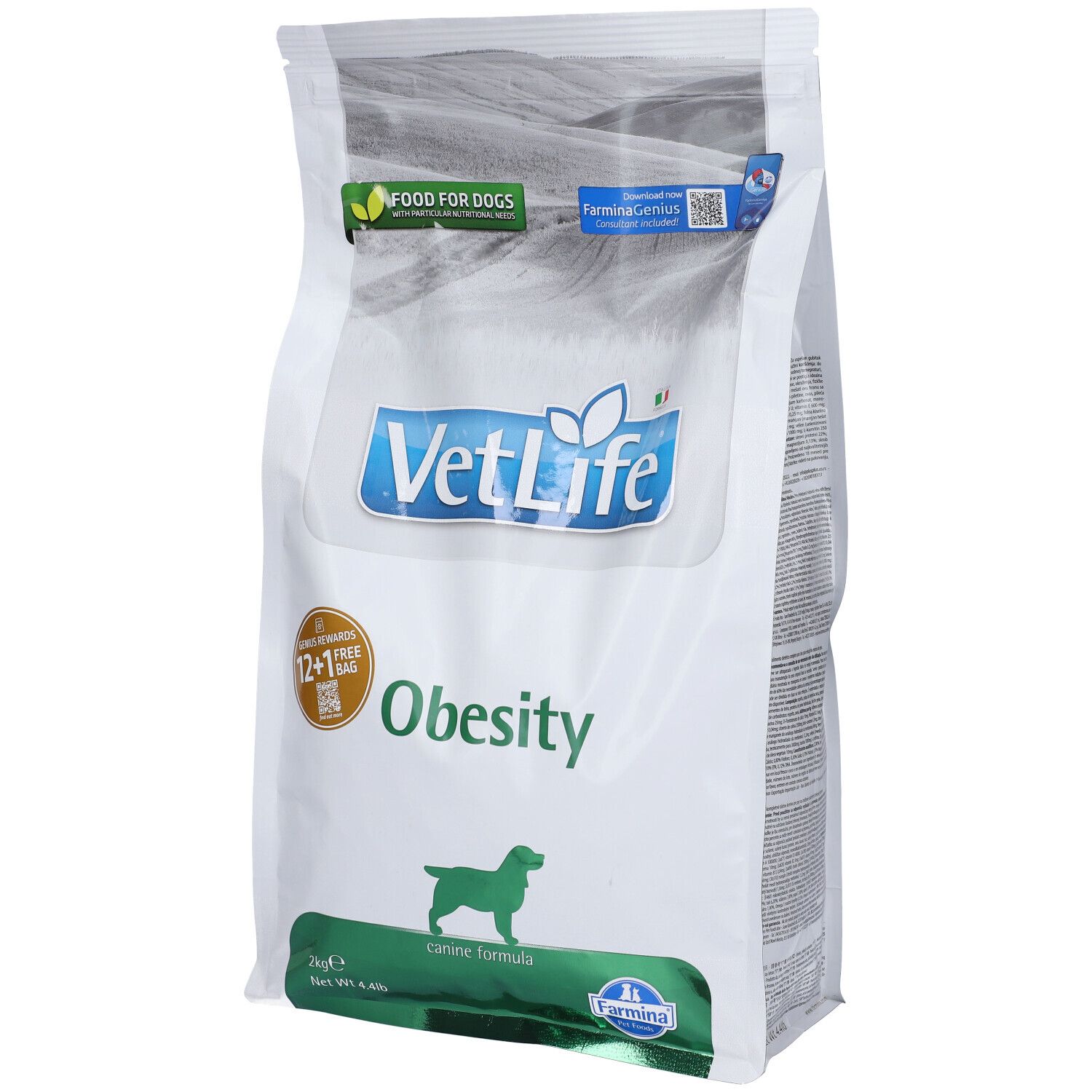 Sacchetto di cibo secco per cani. Scritta VetLife Obesity, Food for Dogs. Confezione verde e bianca. Logo Farmina.