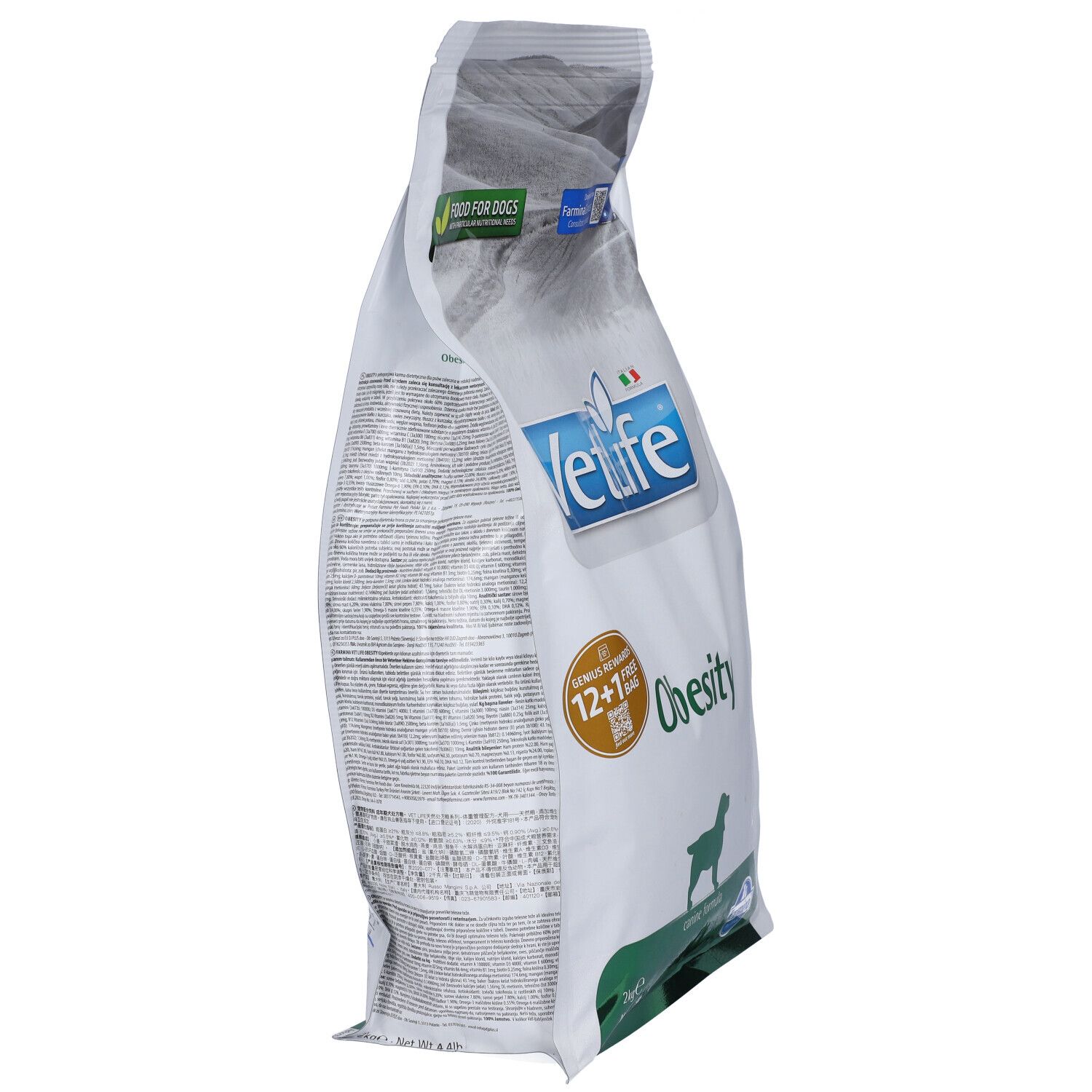 Vista laterale del sacchetto di cibo secco. Scritta VetLife Obesity. Confezione verde e bianca. Testo sul retro.