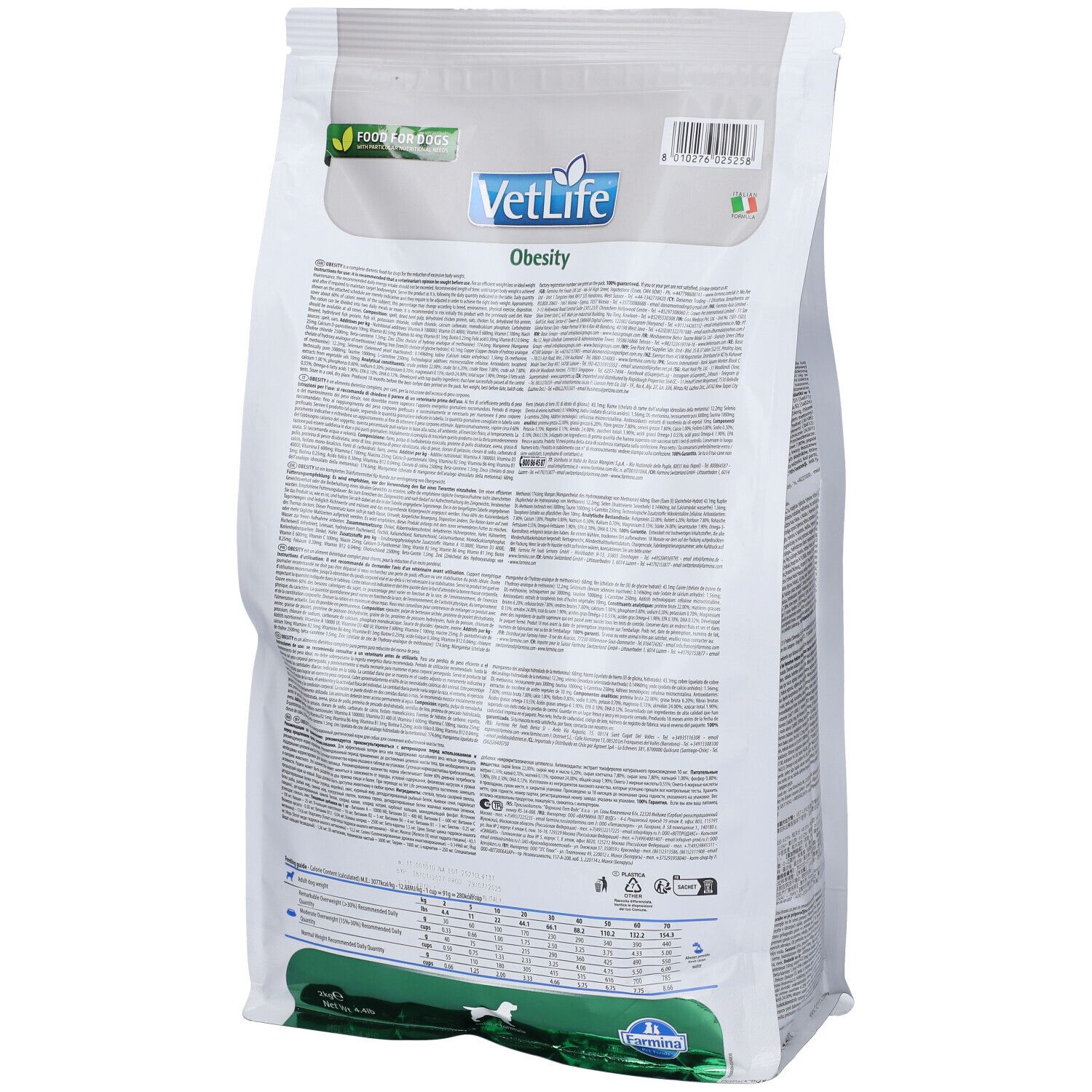 Retro del sacchetto di cibo secco. Scritta VetLife Obesity. Confezione verde e bianca. Testo e tabelle.