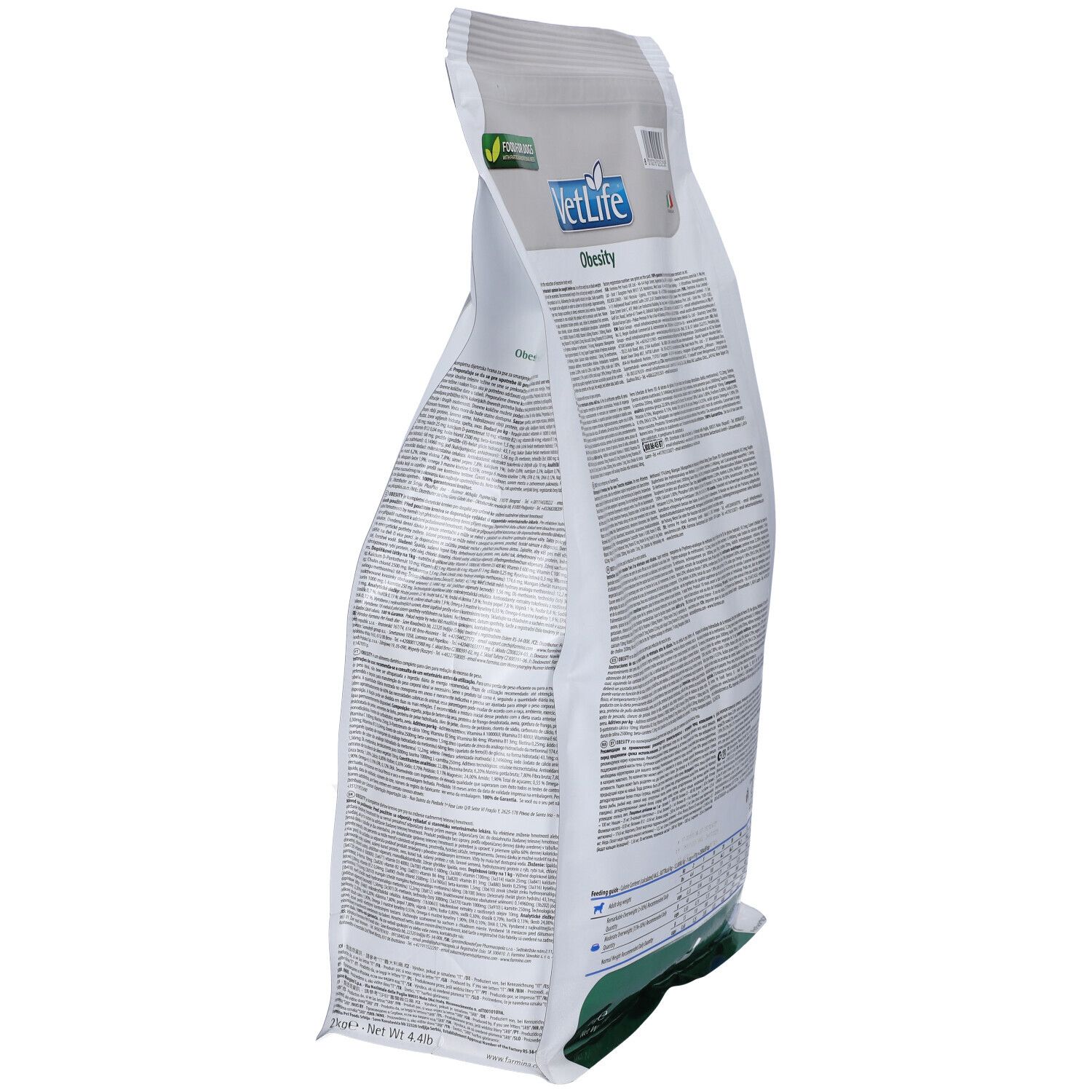 Vista laterale del sacchetto di cibo secco. Scritta VetLife Obesity. Confezione verde e bianca. Testo sul retro.