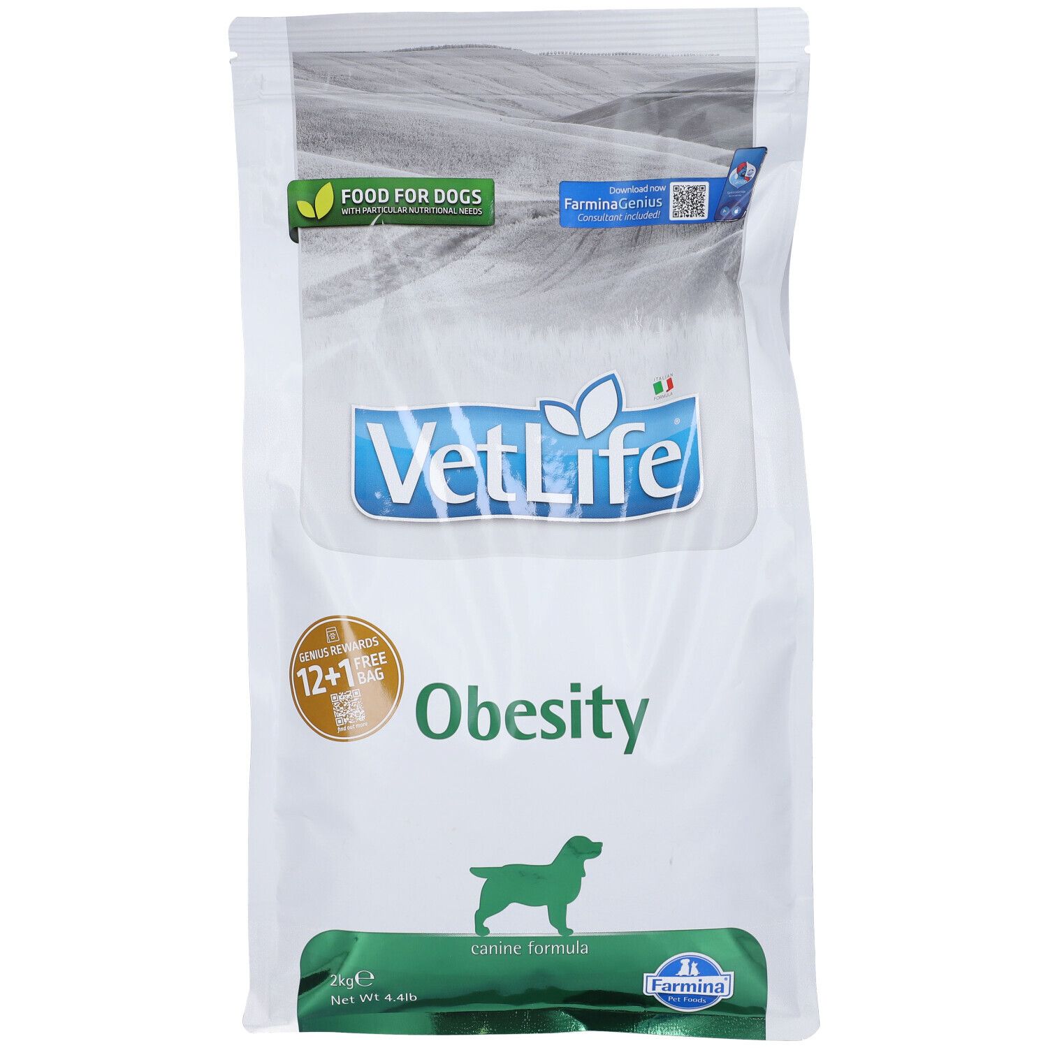 Sacchetto di cibo secco. Scritta VetLife Obesity, Food for Dogs. Confezione verde e bianca. Logo Farmina.