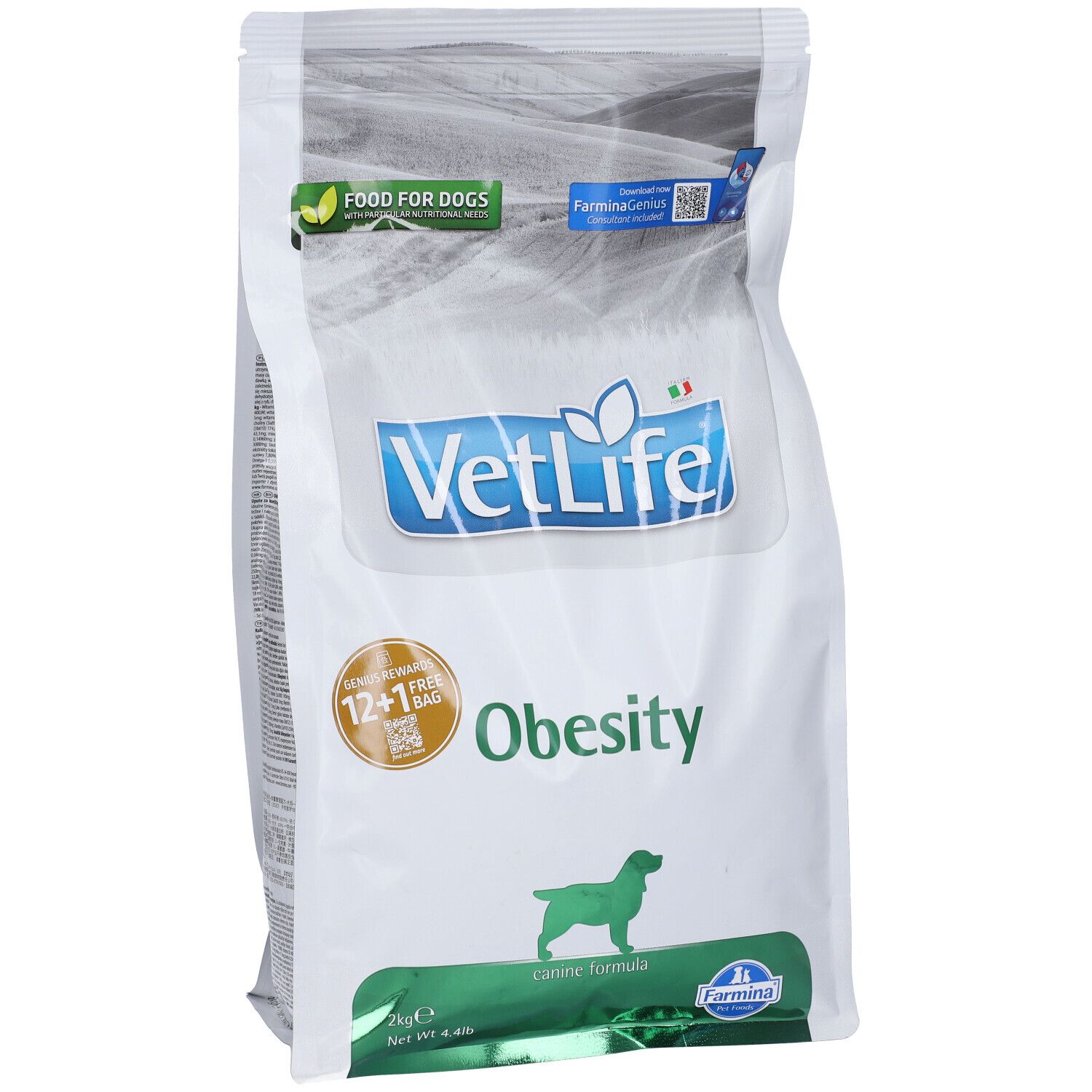 Sacchetto di cibo secco. Scritta VetLife Obesity, Food for Dogs. Confezione verde e bianca. Logo Farmina.