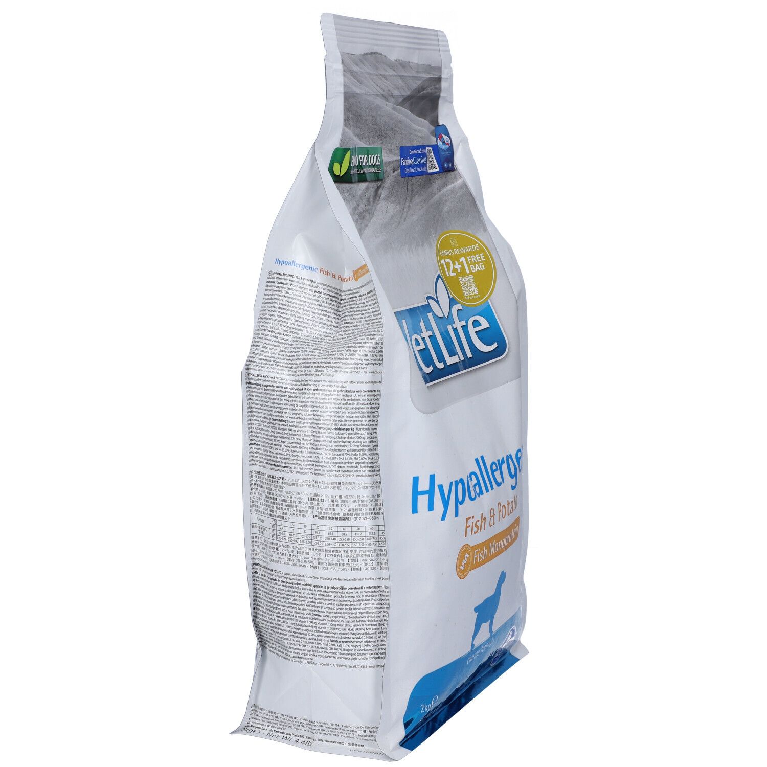 Sacchetto bianco, vista laterale. Scritto: VetLife Hypoallergenic Fish & Potato. Imballaggio parzialmente trasparente.