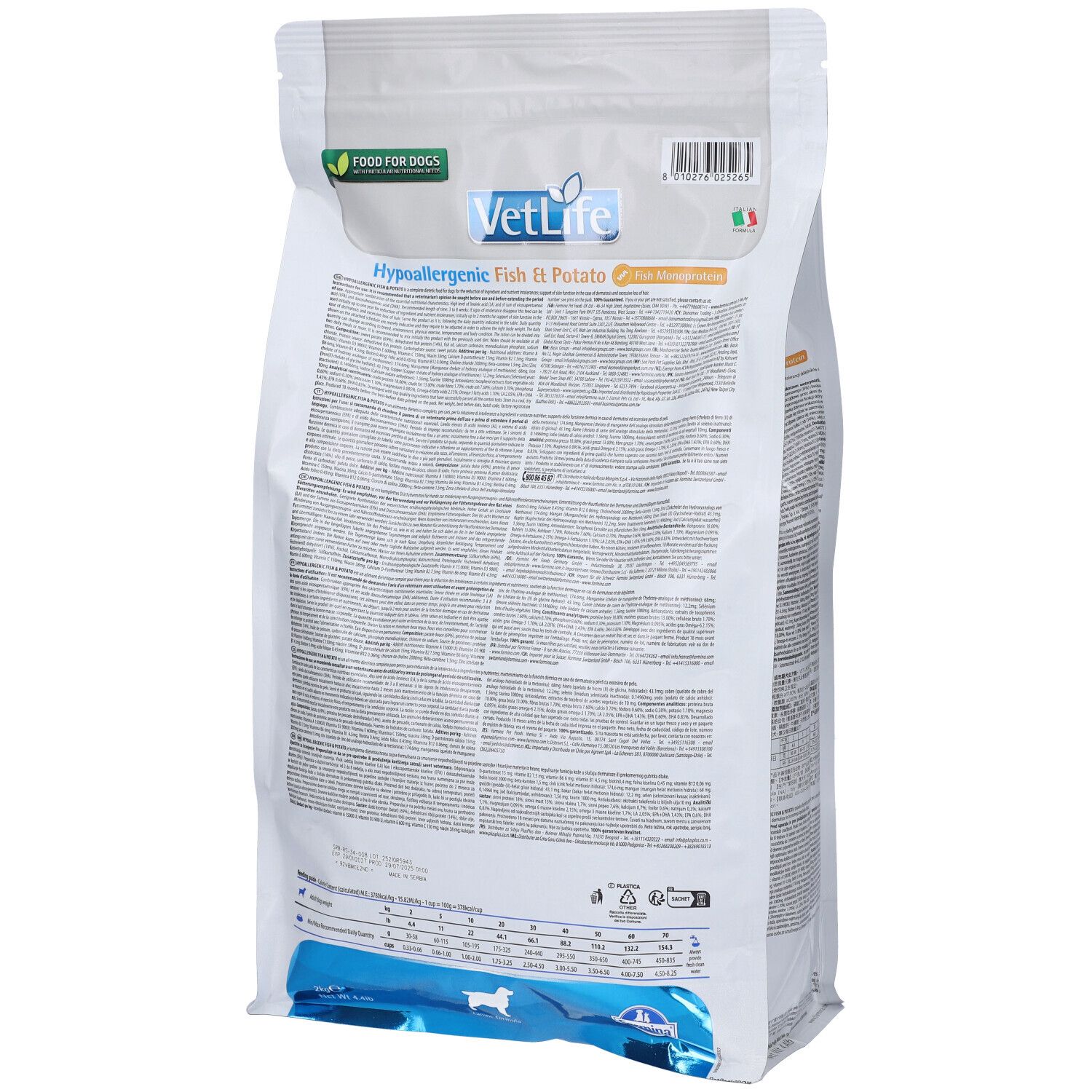 Retro di un sacchetto bianco. Testo in più lingue. Scritto: VetLife Hypoallergenic. Logo: Farmina.