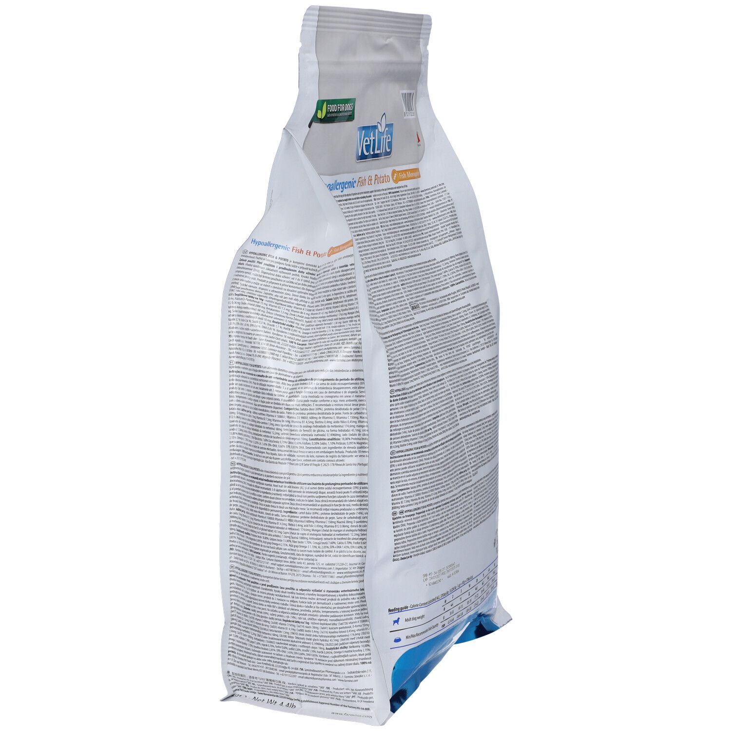 Sacchetto bianco, vista laterale. Testo in più lingue. Scritto: VetLife Hypoallergenic. Logo: Farmina.