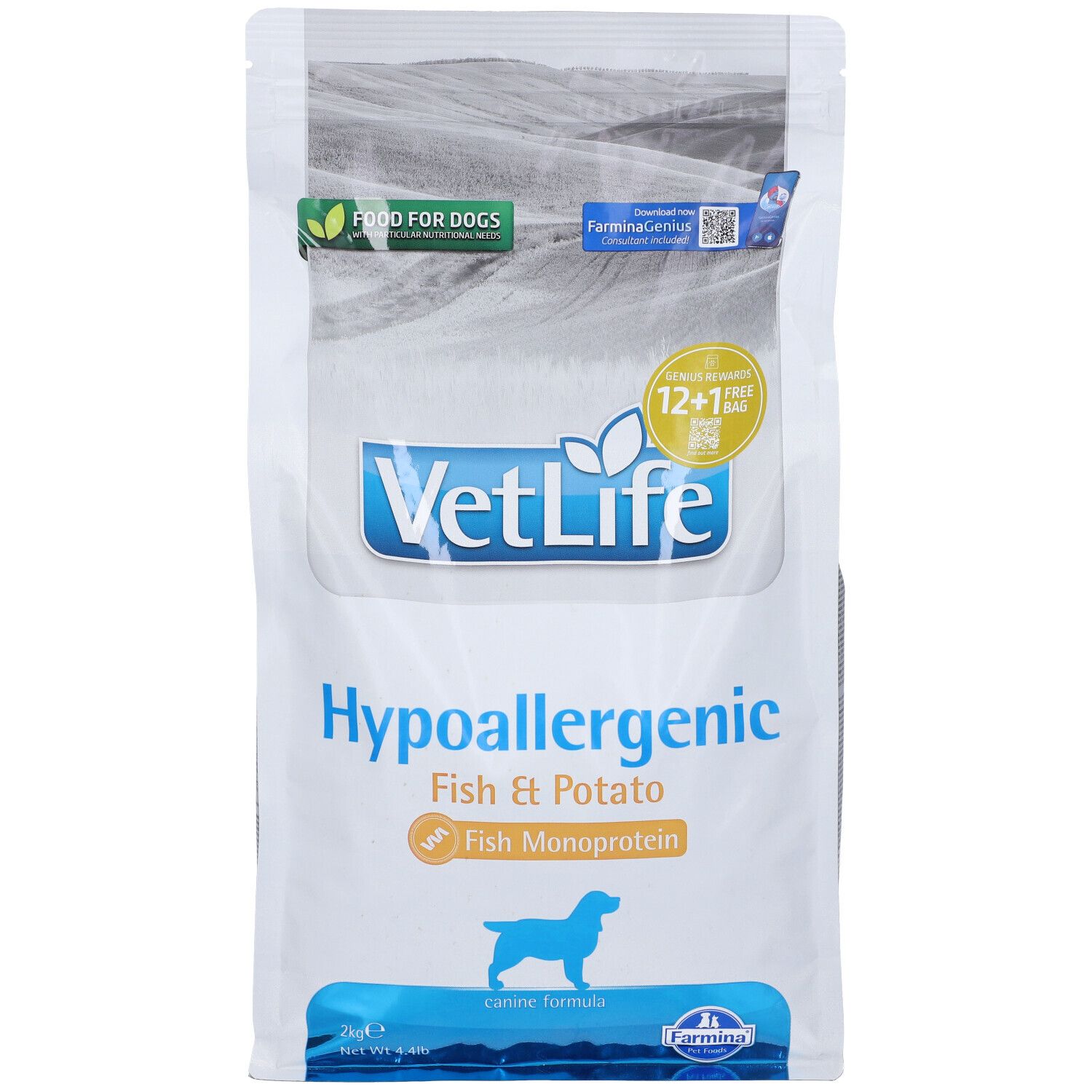Sacchetto bianco con testo blu e verde. Scritto: VetLife Hypoallergenic Fish & Potato. Illustrazione di un cane.