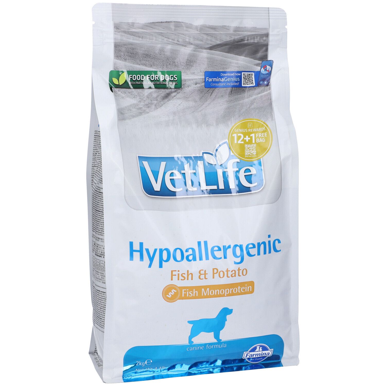 Sacchetto bianco con testo blu e verde. Scritto: VetLife Hypoallergenic Fish & Potato. Illustrazione di un cane.