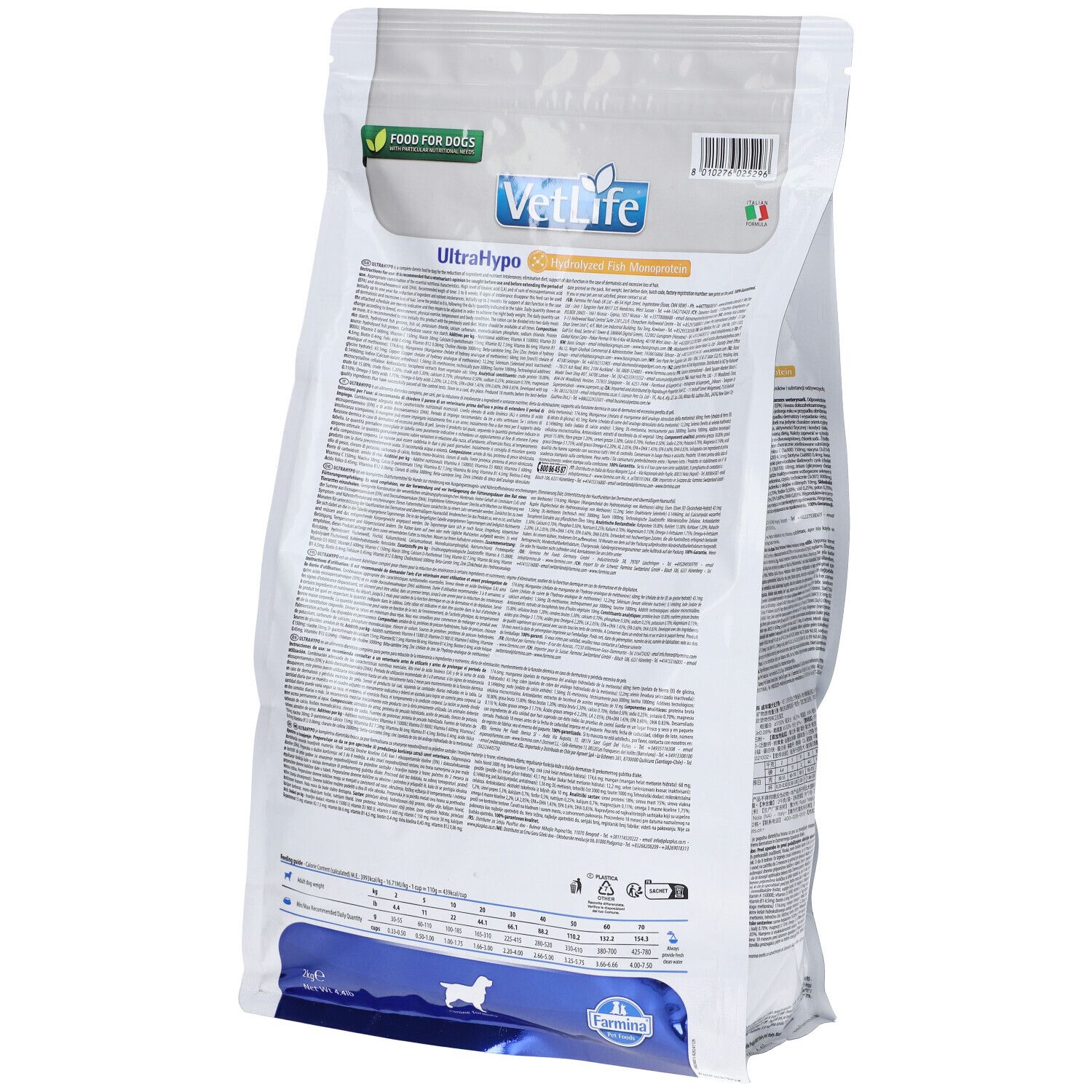 Retro del sacchetto bianco. Testo in più lingue. Loghi e sigilli. Tabella con raccomandazioni per l'alimentazione.