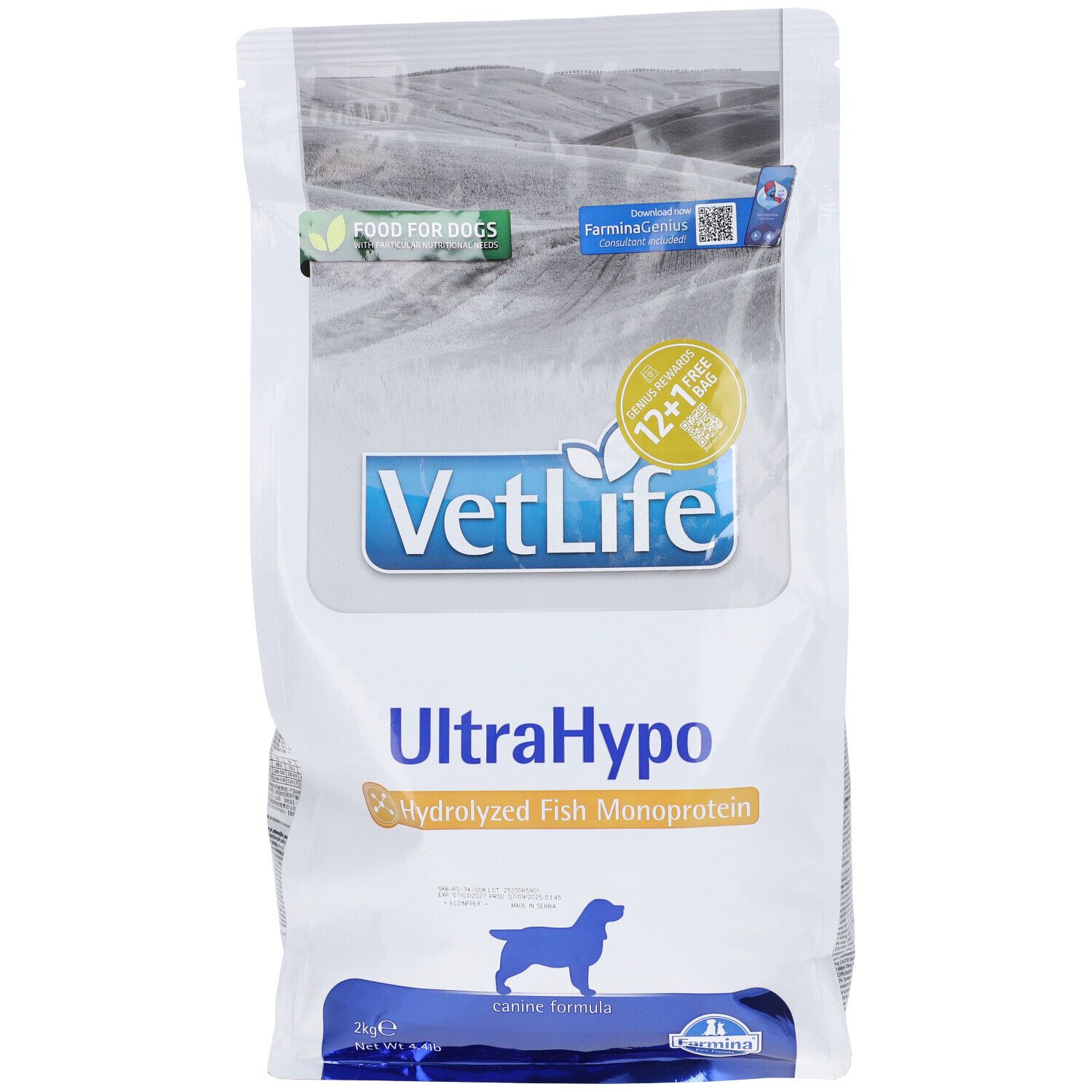 Sacchetto bianco con scritte blu e verdi. Scritto: VetLife UltraHypo, monoproteina di pesce idrolizzata. Immagine di un cane.