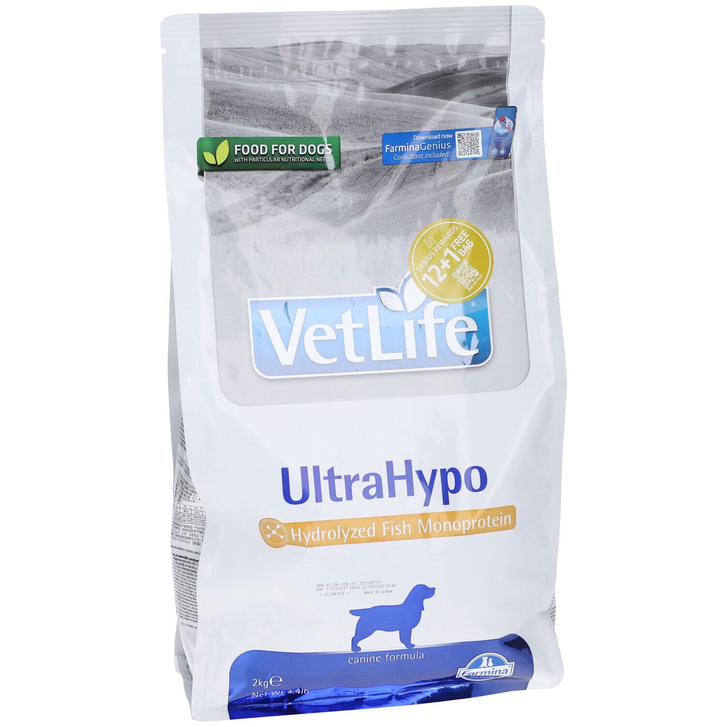 Sacchetto bianco con scritte blu e verdi. Scritto: VetLife UltraHypo, monoproteina di pesce idrolizzata. Immagine di un cane.