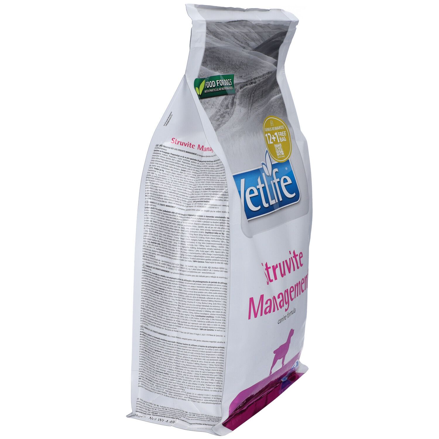 Sacchetto bianco, vista laterale. Logo VetLife, Struvite Management. Testo e loghi sul retro. Logo verde-giallo: Food for Dogs.