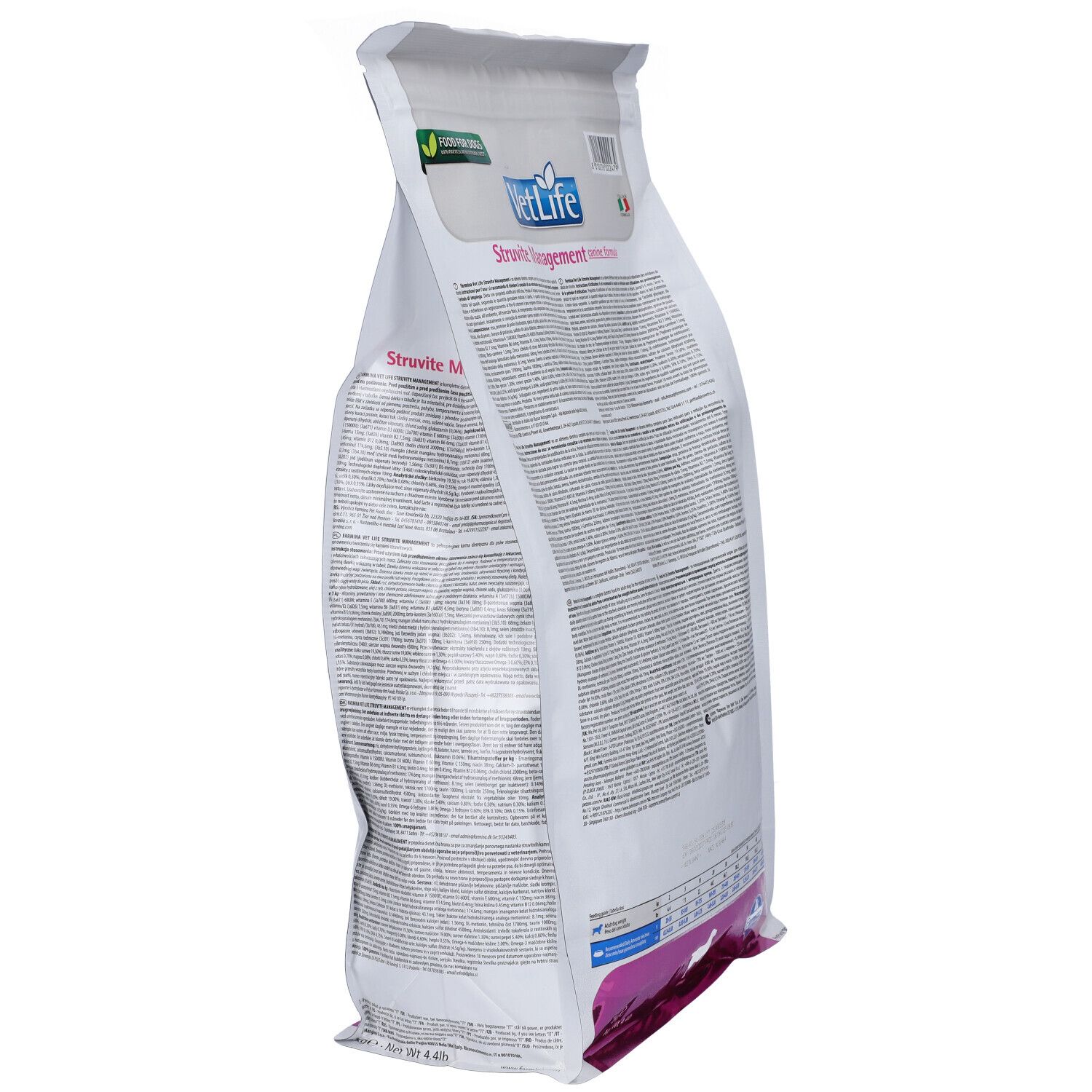 Sacchetto bianco, vista laterale. Logo VetLife, Struvite Management. Testo e loghi sul retro. Logo verde-giallo: Food for Dogs.