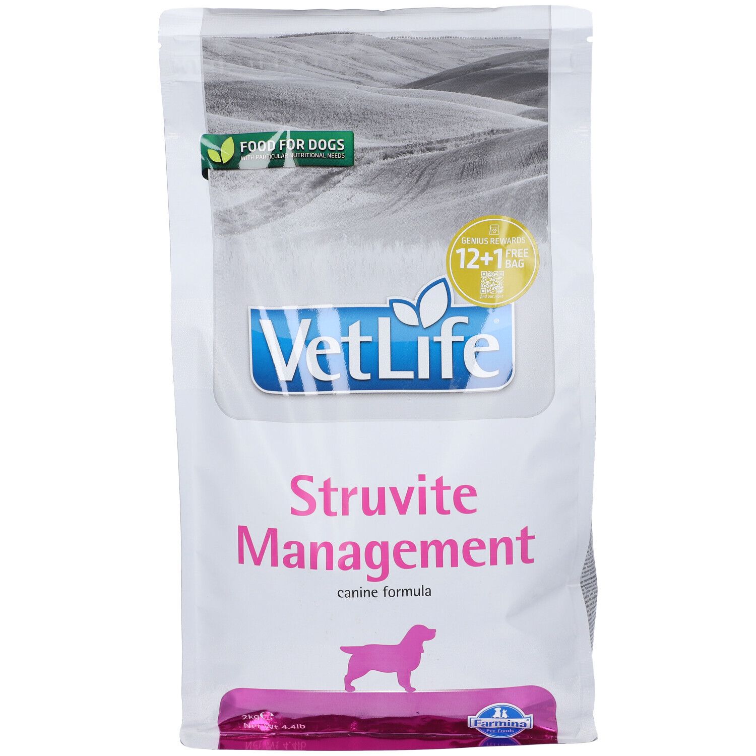 Sacchetto bianco stampato. Logo VetLife, Struvite Management, sagoma di cane. Logo verde-giallo: Food for Dogs, 12+1 gratis.