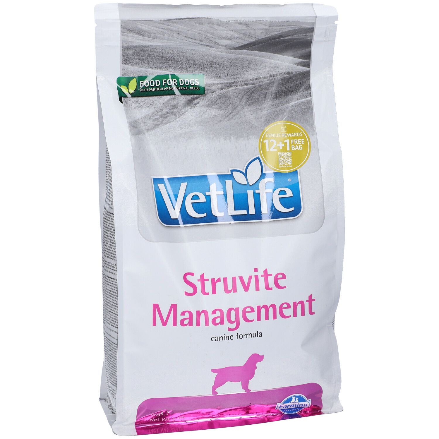 Sacchetto bianco stampato. Logo VetLife, Struvite Management, sagoma di cane. Logo verde-giallo: Food for Dogs, 12+1 gratis.