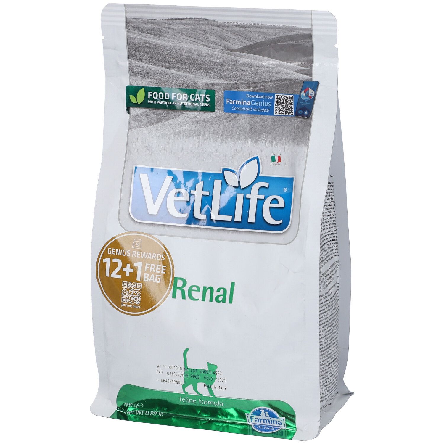 Sacchetto di cibo secco Farmina VetLife Renal per gatti. Principalmente bianco con logo e testo. Confezione verde e bianca.