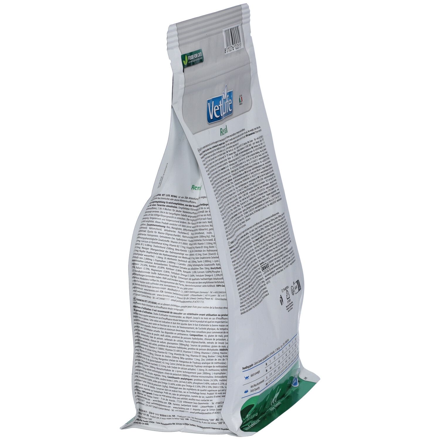 Vista laterale del sacchetto di cibo secco Farmina VetLife Renal per gatti. Testo e logo su sfondo bianco.