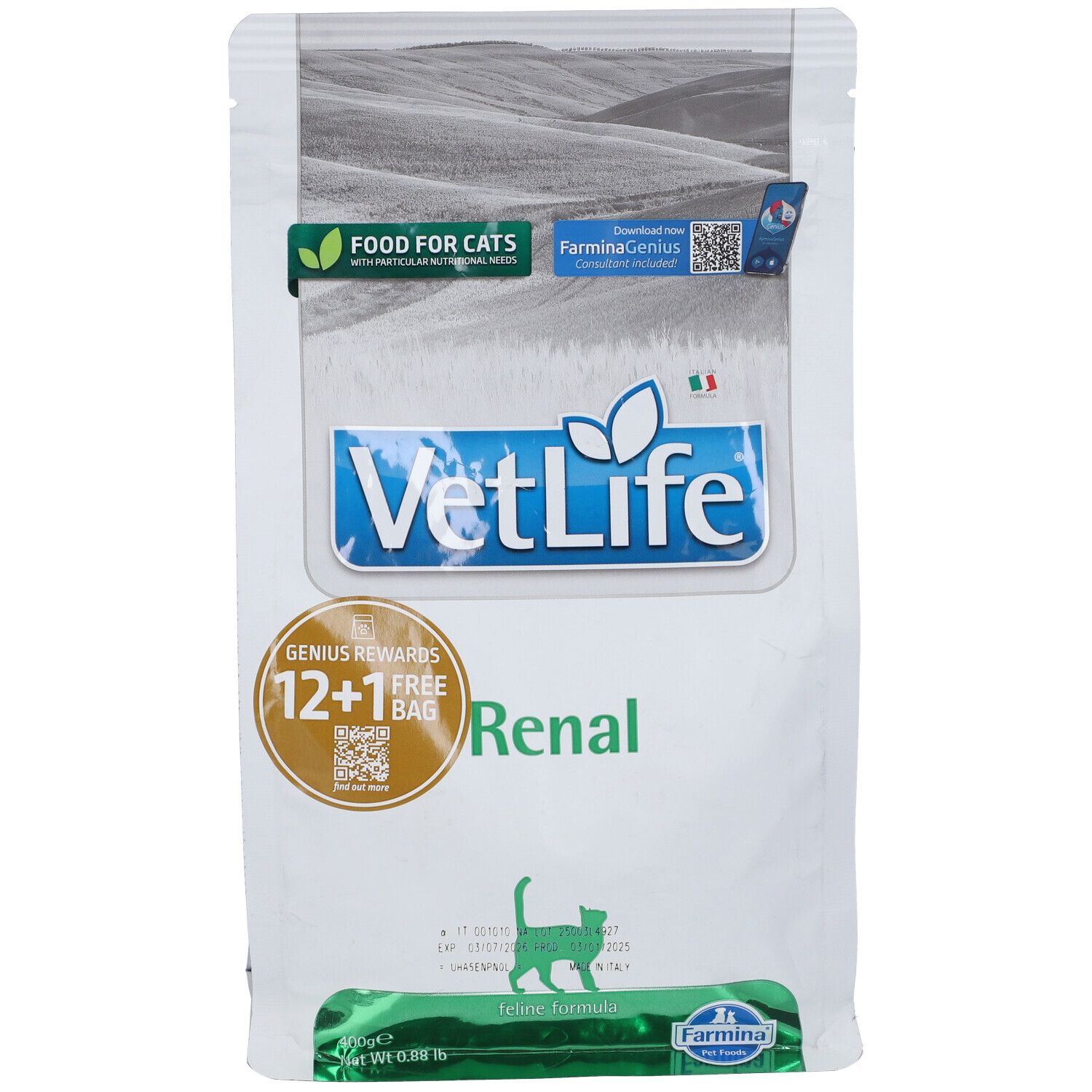 Sacchetto di cibo secco Farmina VetLife Renal per gatti. Vista principale con logo e testo. Bianco e verde. Sfondo con paesaggio.