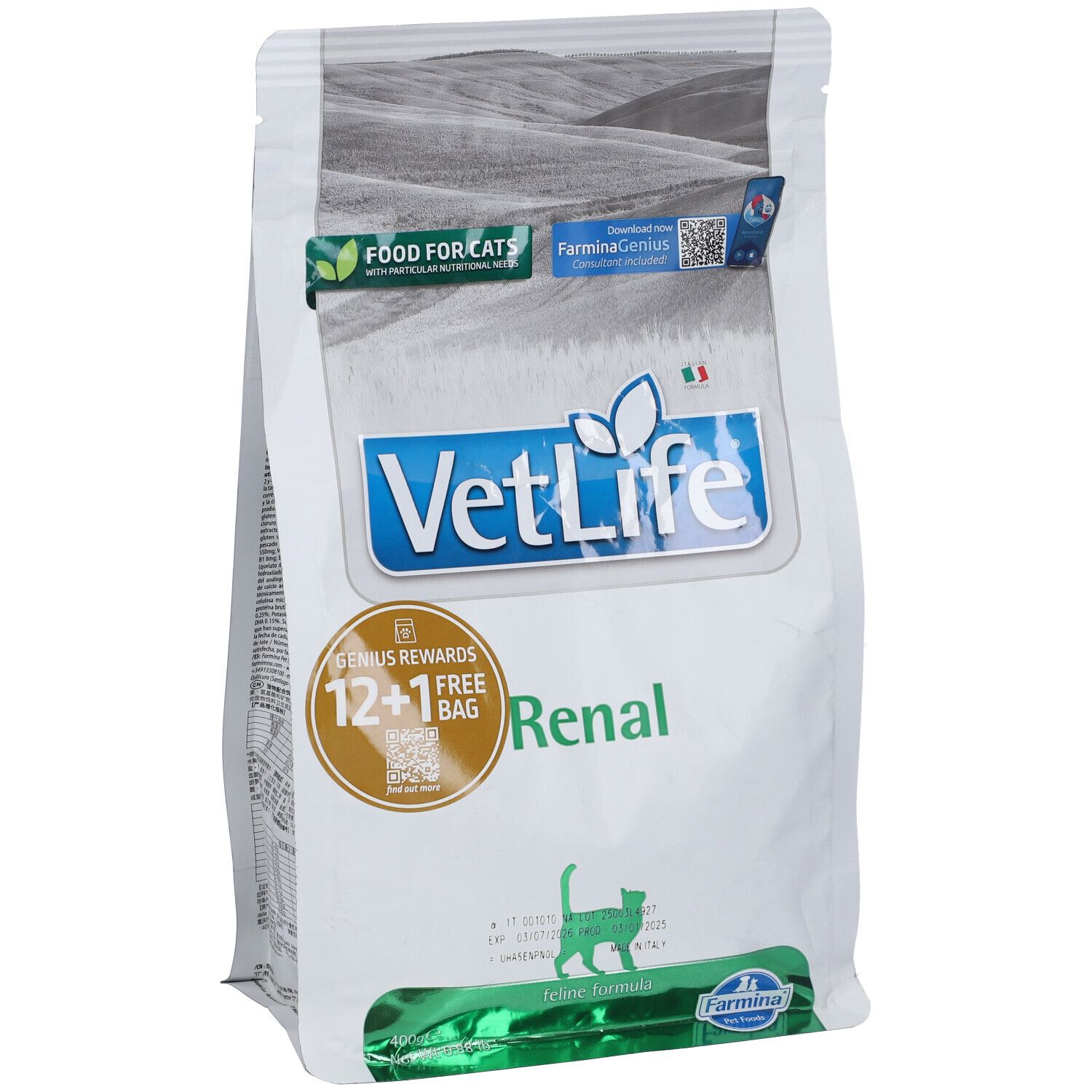 Sacchetto di cibo secco Farmina VetLife Renal per gatti. Vista principale con logo e testo. Bianco e verde.