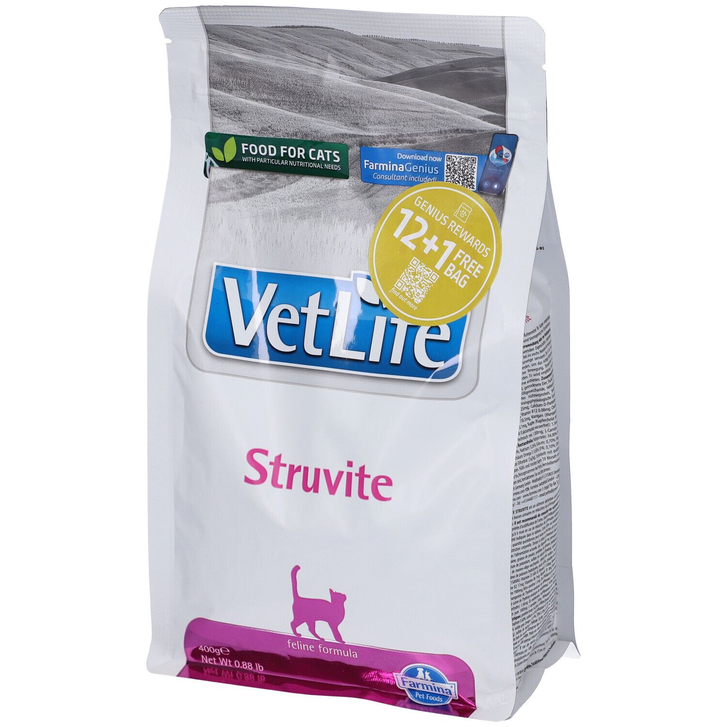 Sacchetto bianco con logo VetLife e scritta Struvite. Striscia rosa con sagoma di gatto. Promozione 12+1 gratis.