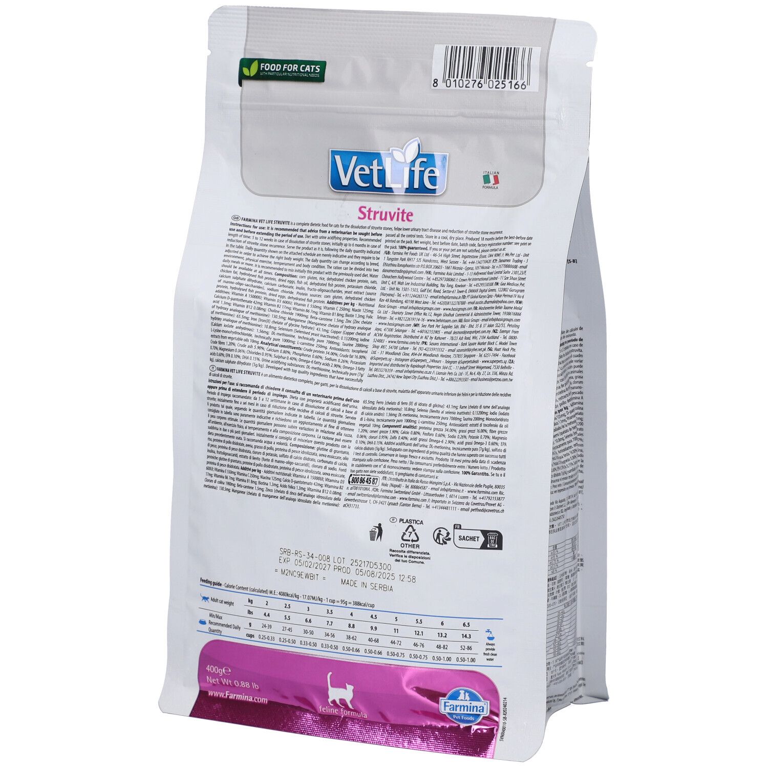 Retro del sacchetto bianco VetLife. Testo e informazioni. Logo e codice QR.