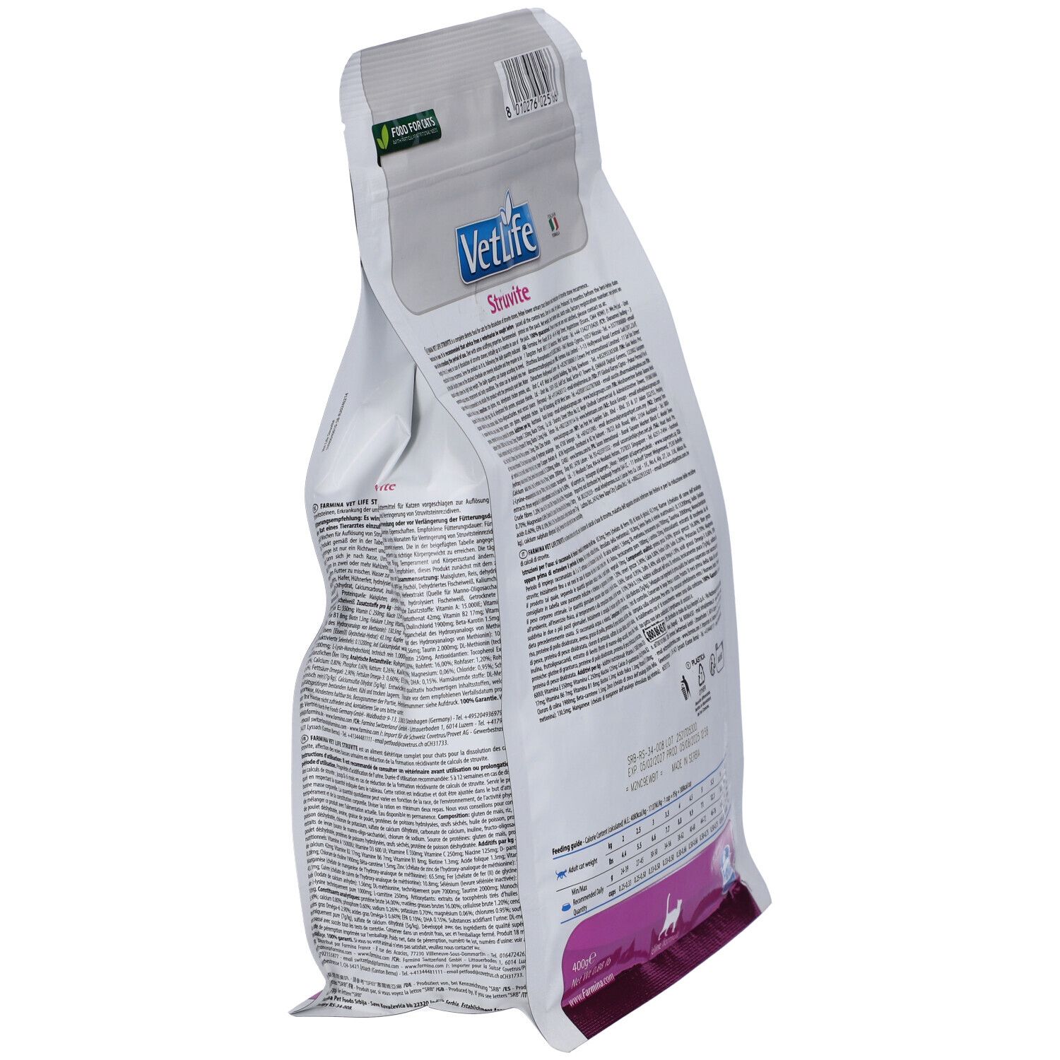 Vista laterale obliqua del sacchetto bianco VetLife. Testo e loghi sulla confezione.