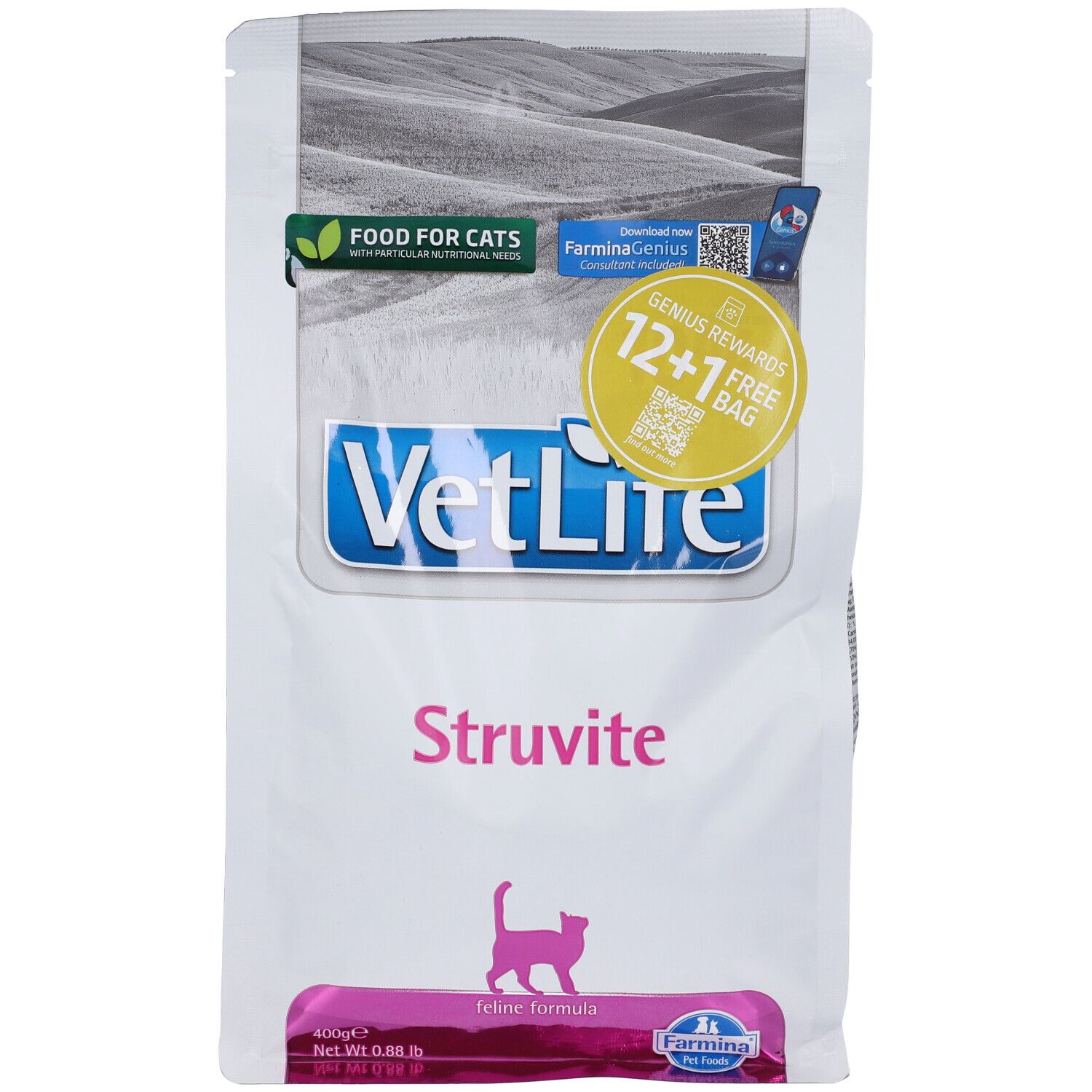 Sacchetto bianco con logo VetLife e scritta Struvite. Striscia rosa con sagoma di gatto. Promozione 12+1 gratis.