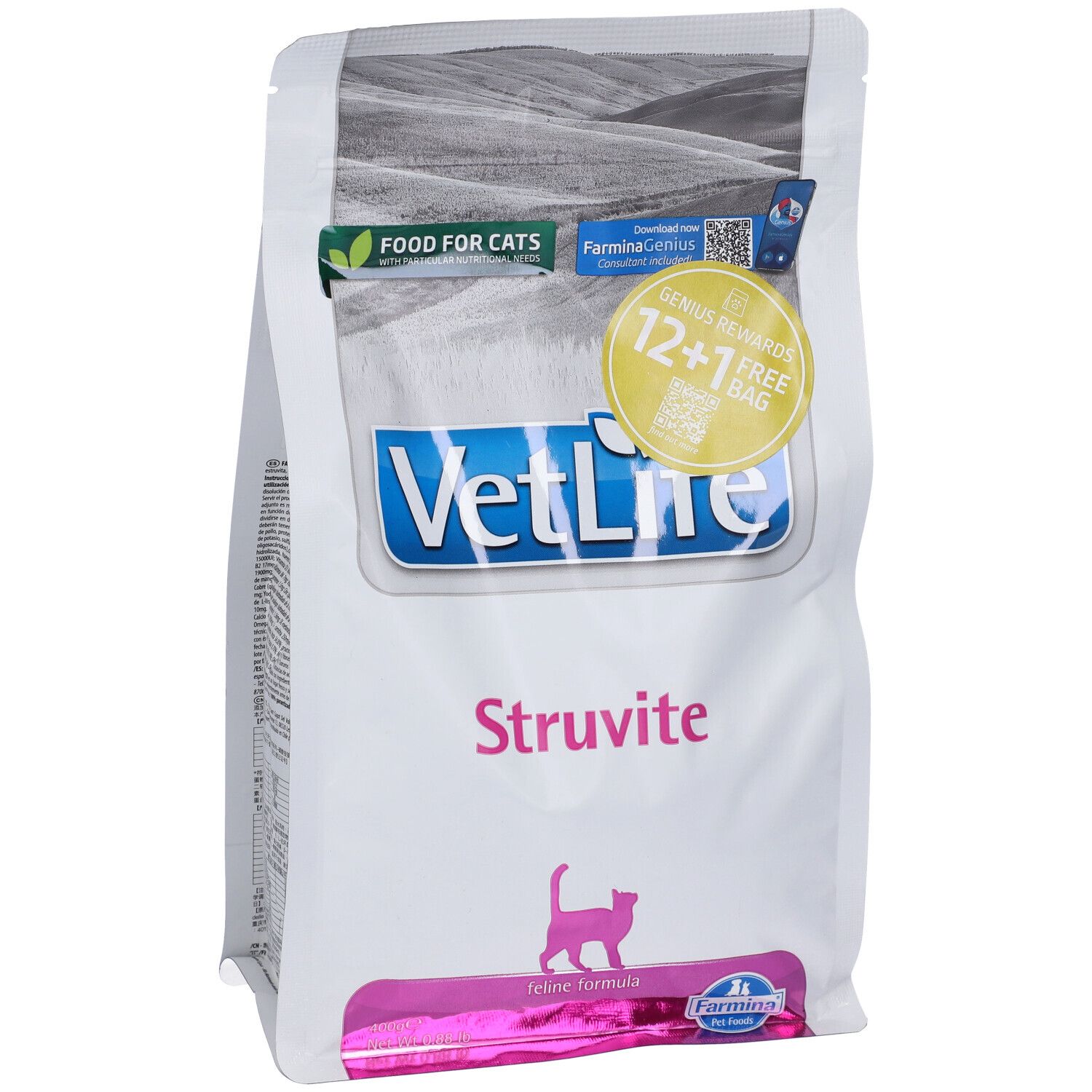 Sacchetto bianco con logo VetLife e scritta Struvite. Striscia rosa con sagoma di gatto. Promozione 12+1 gratis.
