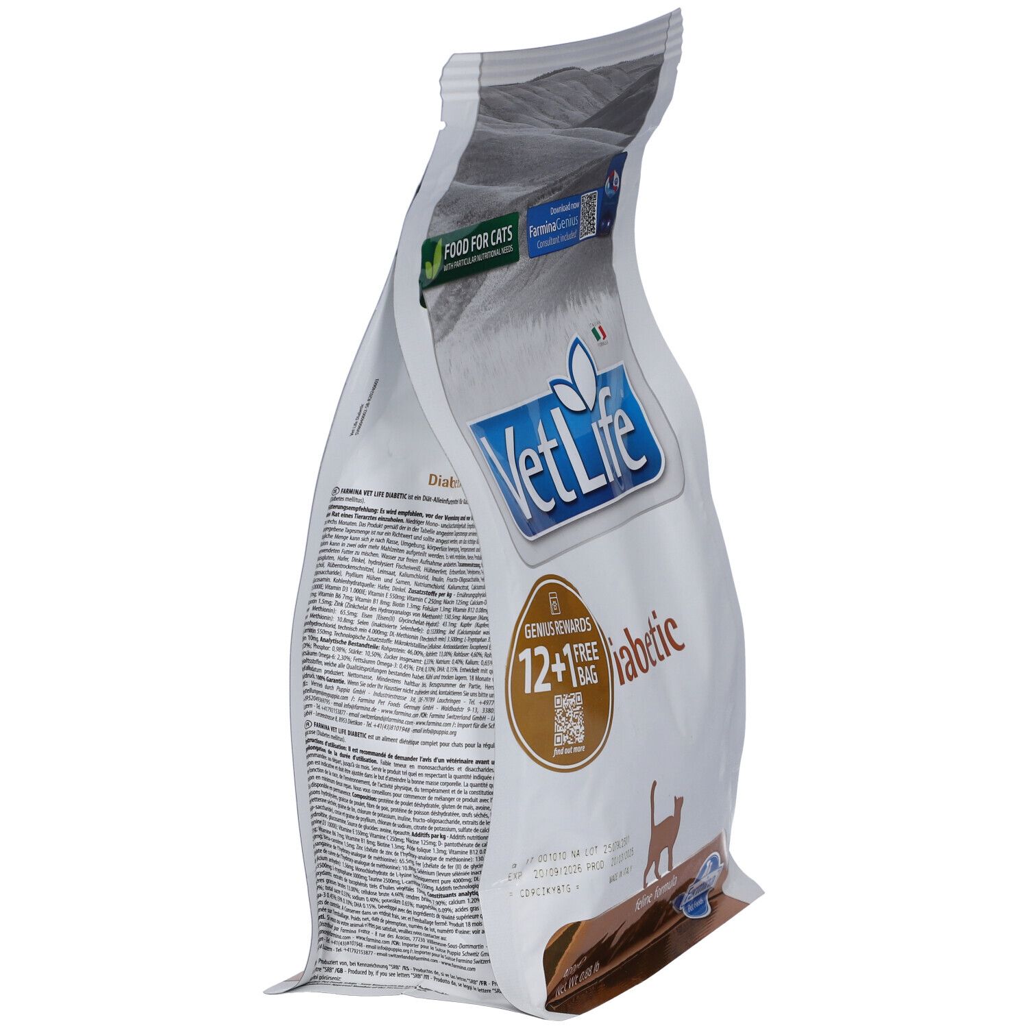 Vista laterale del sacchetto di cibo secco Farmina VetLife Diabetic. Testo e logo VetLife. Confezione verde e bianca. Testo sul lato.