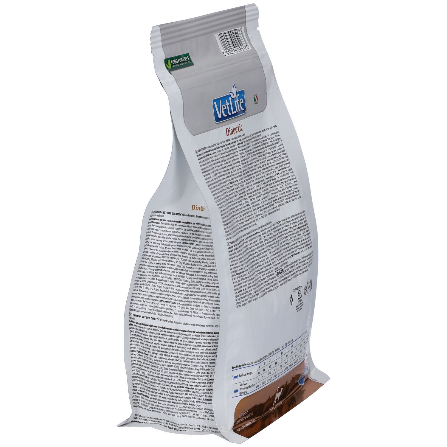 Vista laterale del sacchetto di cibo secco Farmina VetLife Diabetic. Testo e logo VetLife. Confezione verde e bianca. Testo sul lato.