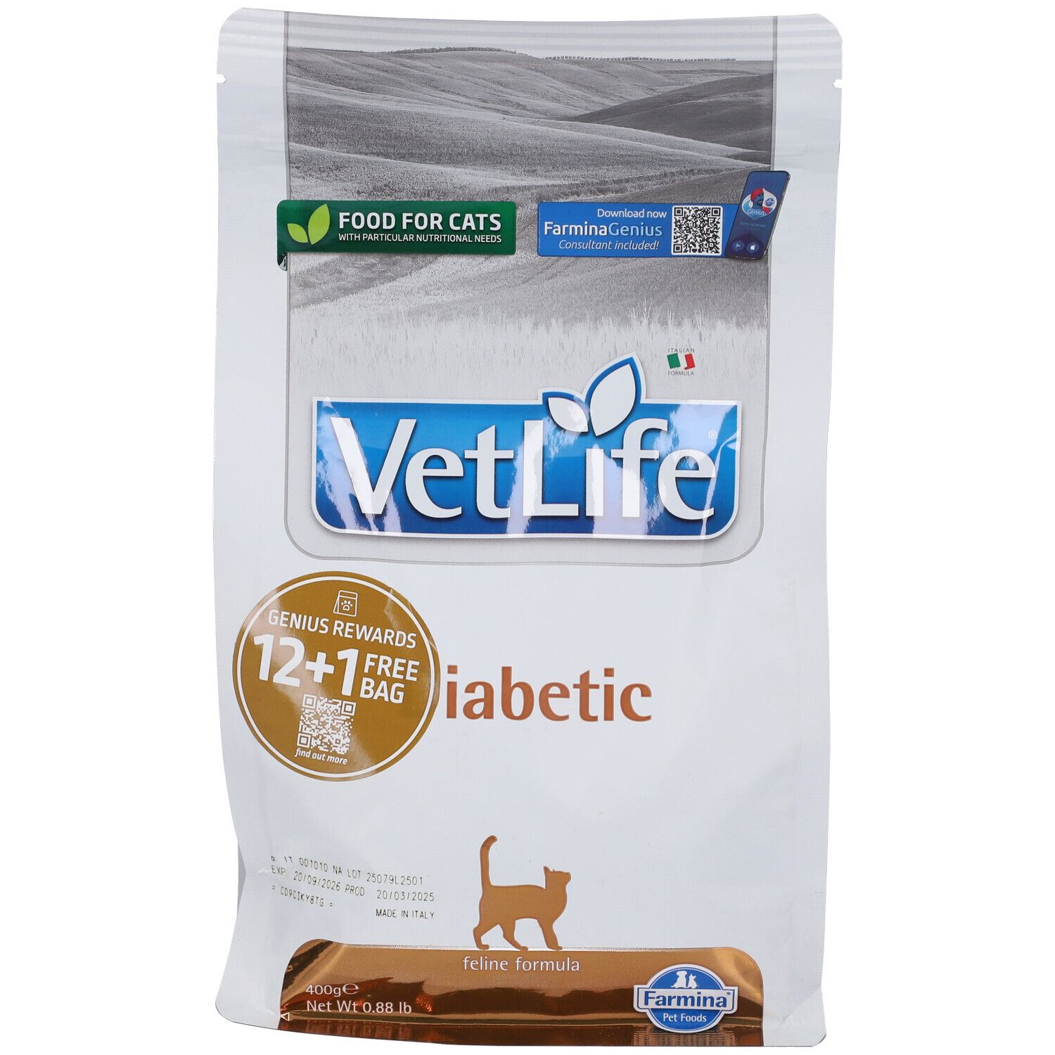 Sacchetto di cibo secco Farmina VetLife Diabetic. Scritta VetLife, Diabetic, 12+1 gratis. Sagoma di gatto. Confezione verde e bianca.