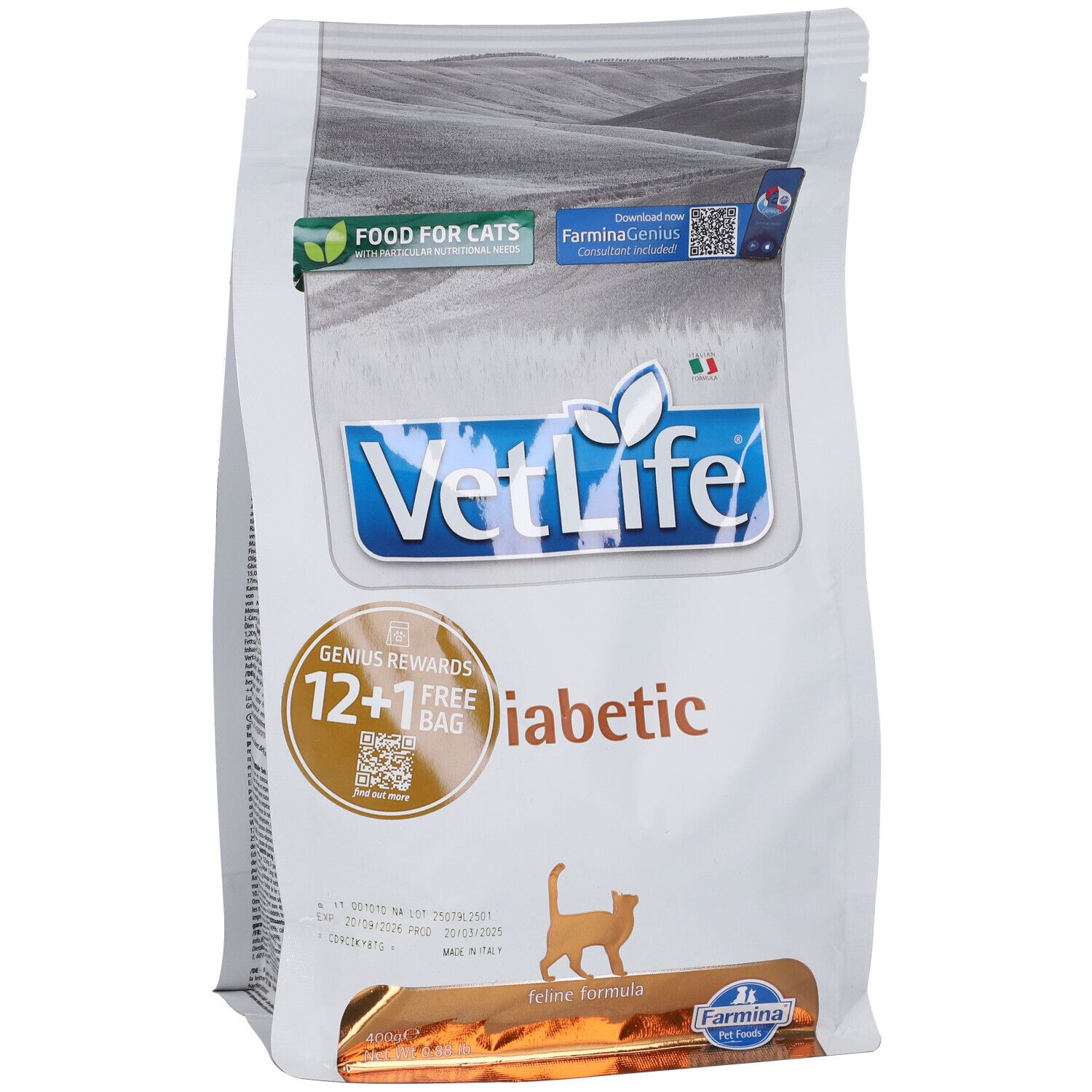 Sacchetto di cibo secco Farmina VetLife Diabetic. Scritta VetLife, Diabetic, 12+1 gratis. Sagoma di gatto. Confezione verde e bianca.