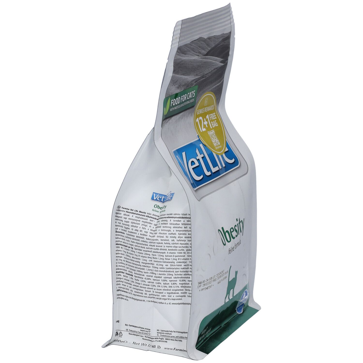 Vista obliqua del sacchetto di cibo secco. Scritta: VetLife Obesity. Confezione verde e bianca con testo e silhouette di gatto.