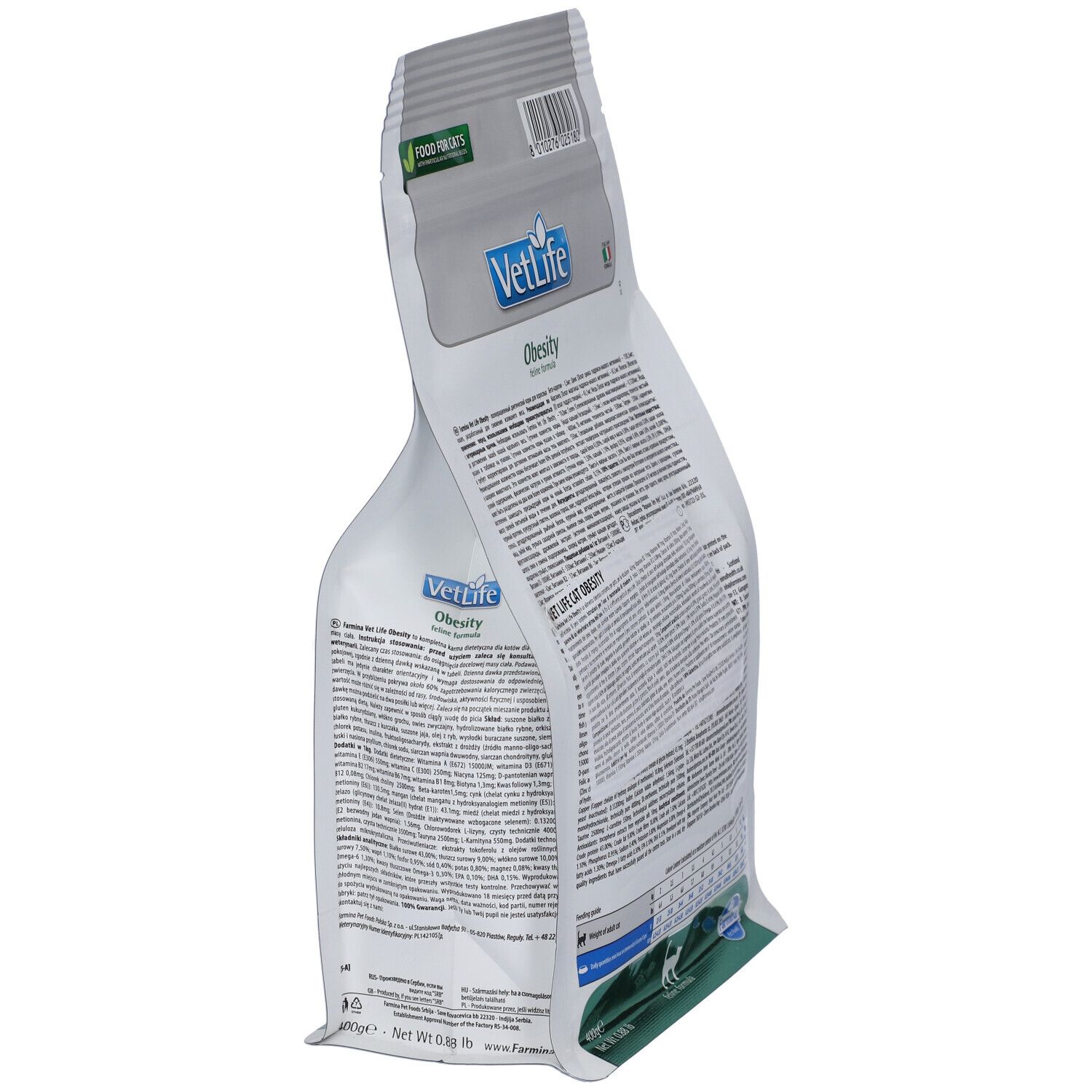 Vista obliqua del sacchetto di cibo secco. Informazioni testuali sul retro. Scritta: VetLife Obesity. Confezione verde e bianca.