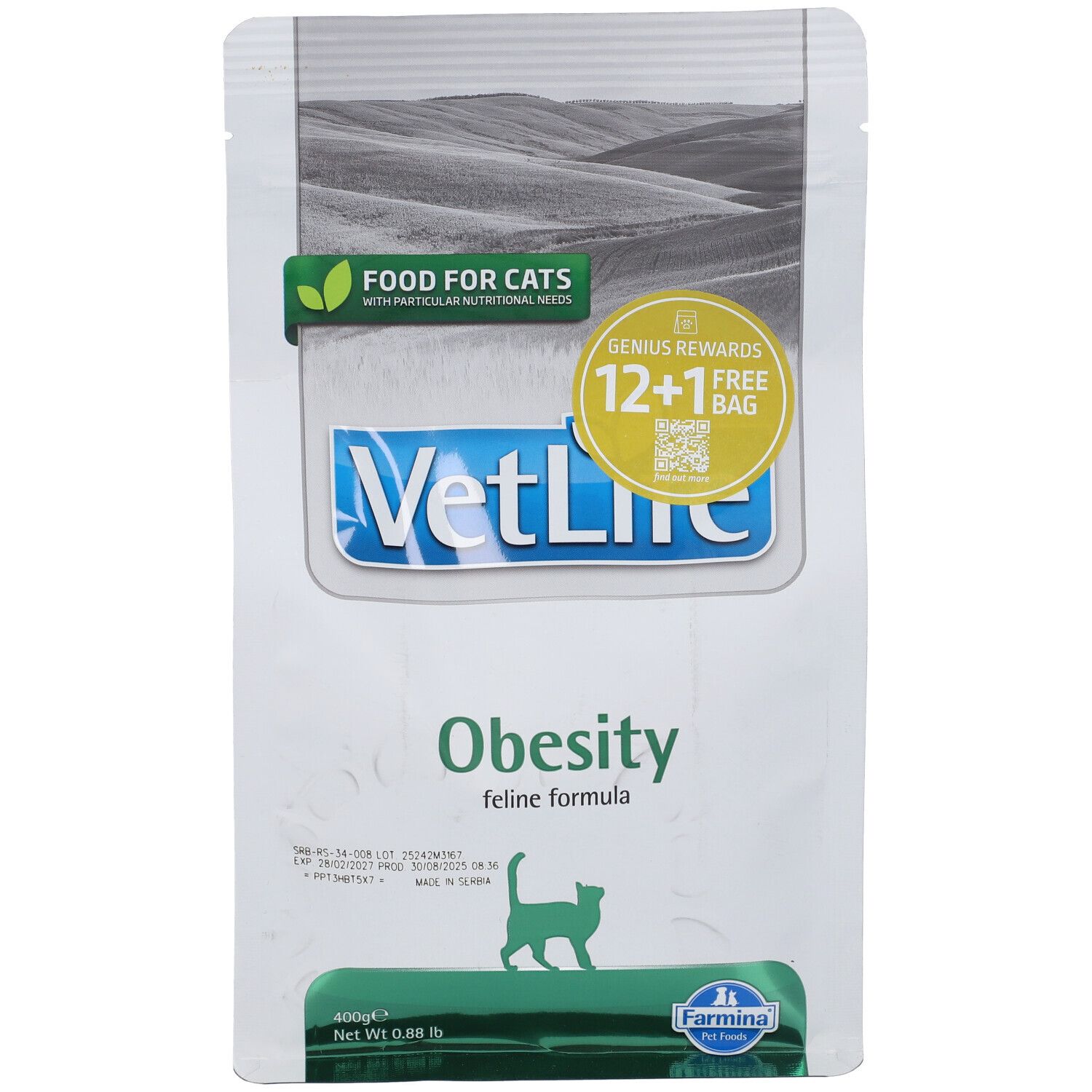 Sacchetto di cibo secco. Scritta: VetLife Obesity. Confezione verde e bianca con silhouette di gatto. 400g. Con promozione gratuita.
