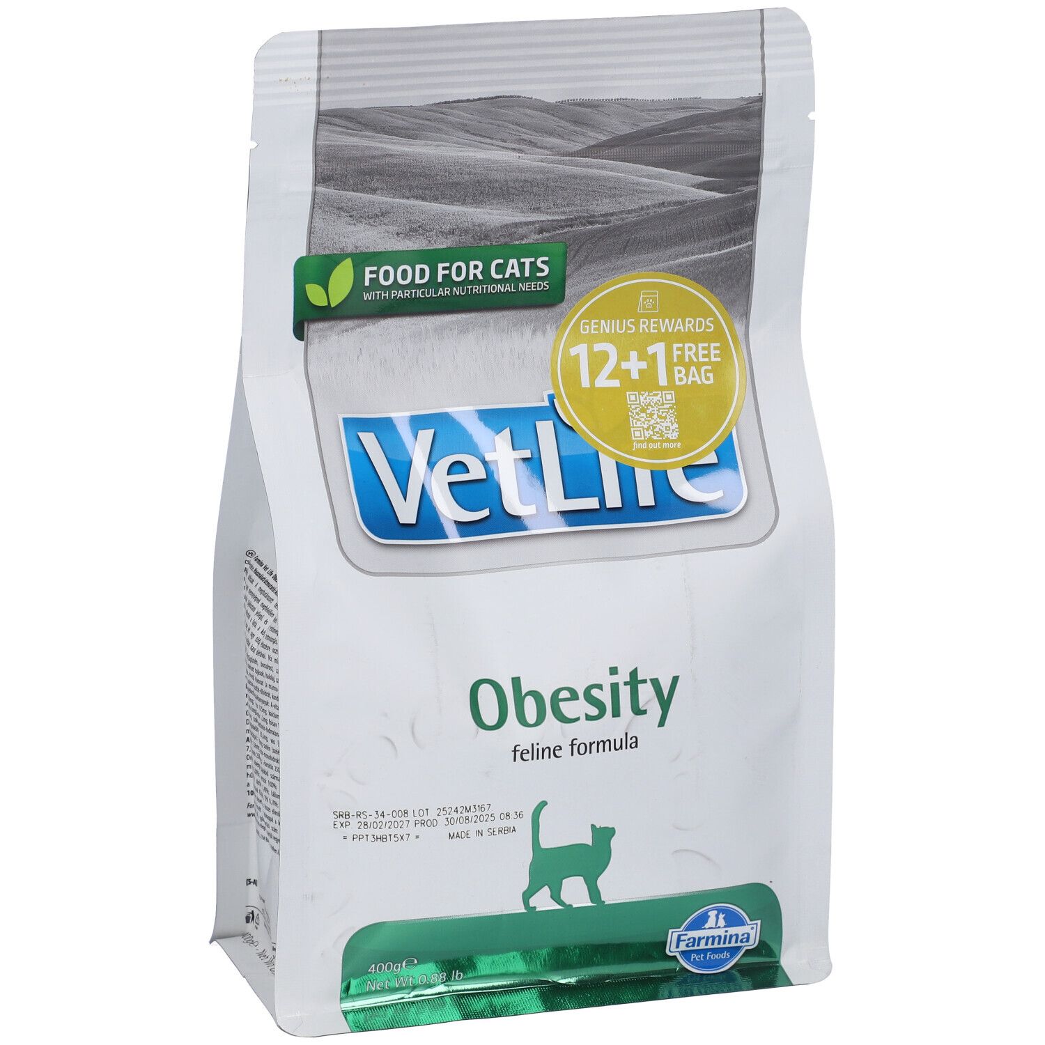 Sacchetto di cibo secco. Scritta: VetLife Obesity. Confezione verde e bianca con silhouette di gatto. 400g. Con promozione gratuita.