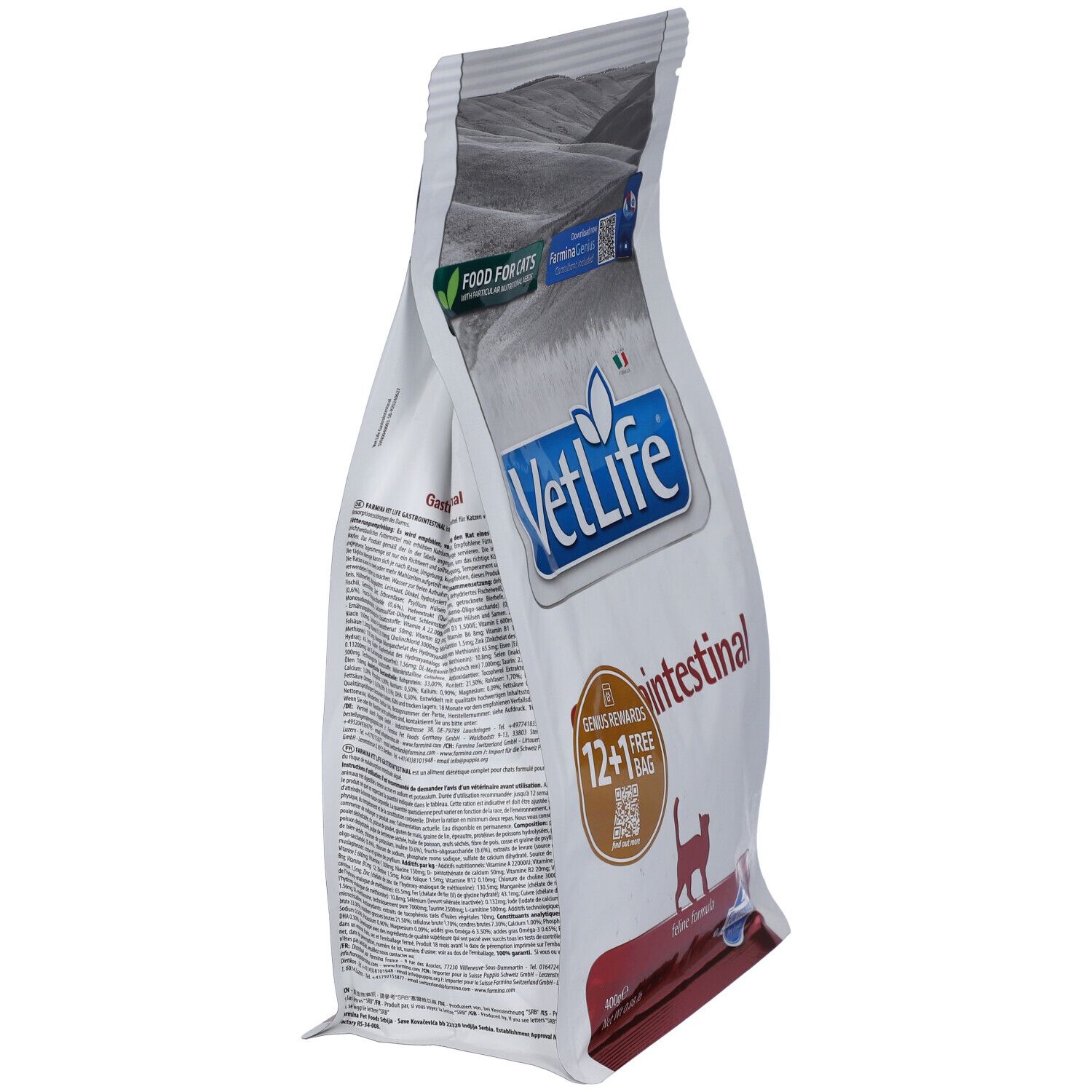 Sacchetto di cibo secco in diagonale. Scritta VetLife Gastrointestinal. Logo Farmina. 12+1 gratis.