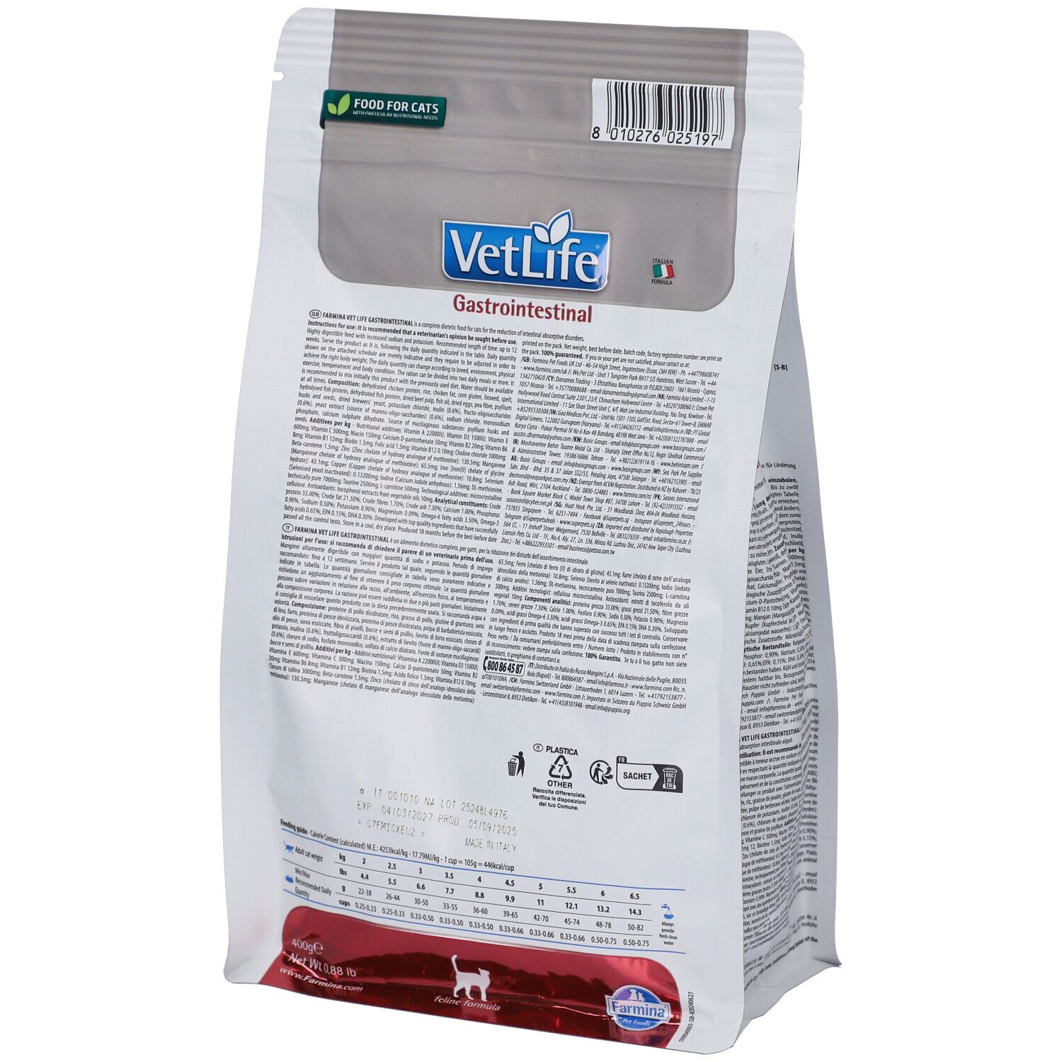 Retro del sacchetto di cibo secco. Scritta Gastrointestinal. Testo e loghi. Farmina.