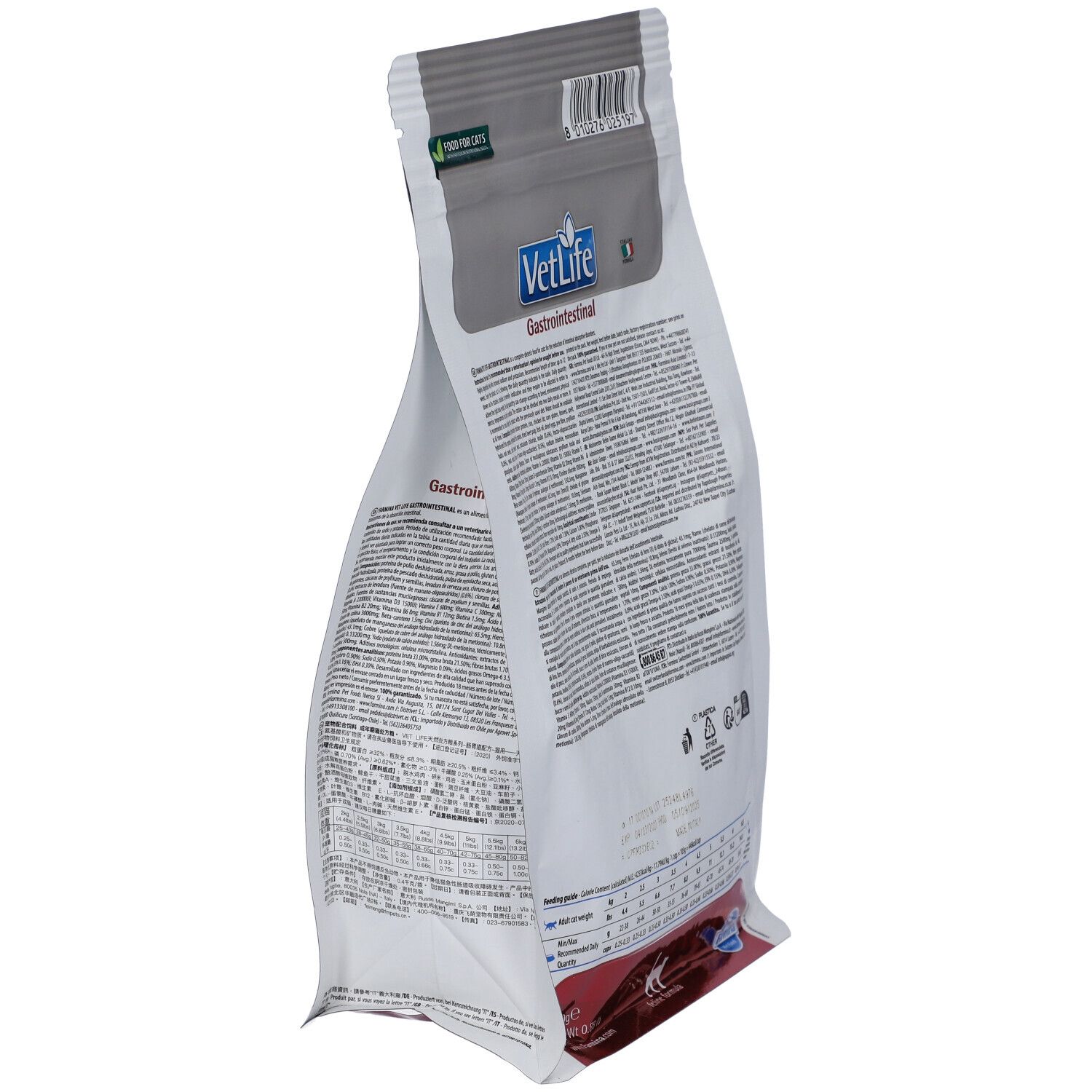 Vista obliqua del sacchetto di cibo secco. Scritta Gastrointestinal. Testo e loghi. Farmina.