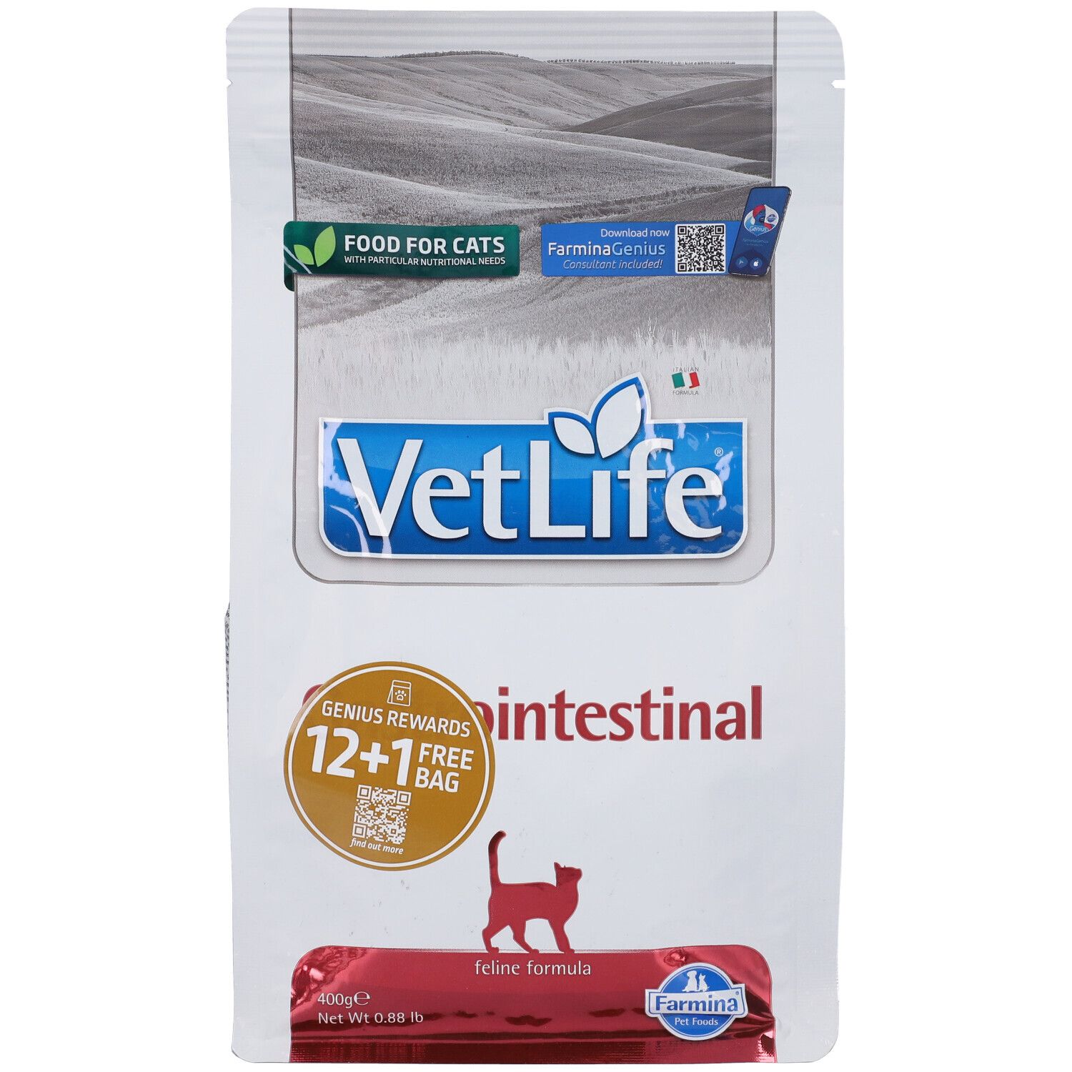Sacchetto di cibo secco VetLife Gastrointestinal. Logo Farmina. Feline Formula. 12+1 gratis.
