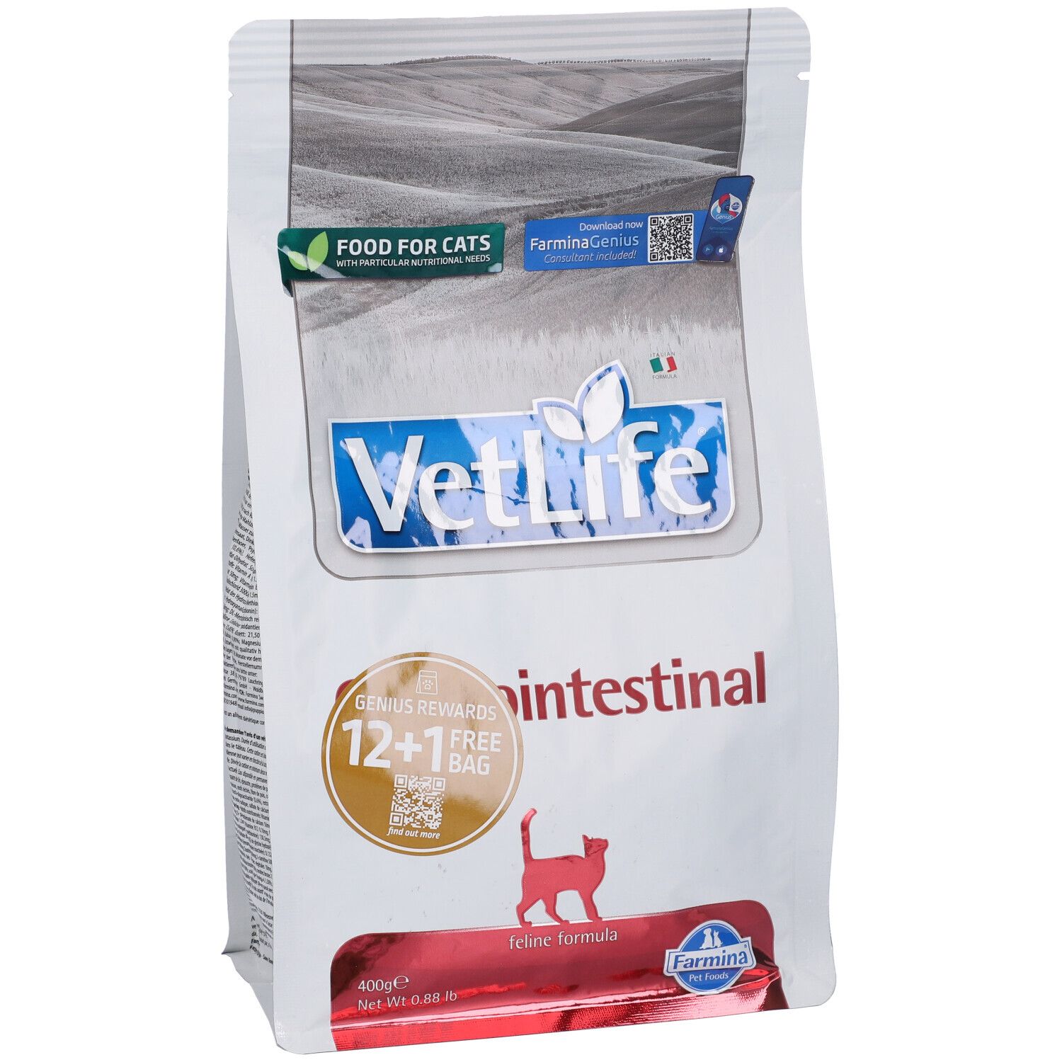 Sacchetto di cibo secco VetLife Gastrointestinal. Logo Farmina. Feline Formula. 12+1 gratis.
