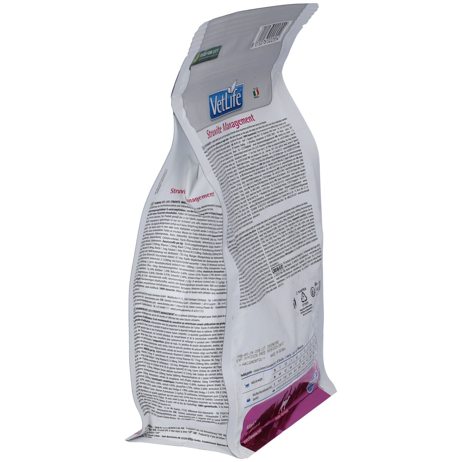 Vista laterale del sacchetto di cibo secco. Scritta: VetLife Struvite Management. Testo e silhouette di gatto rosa.