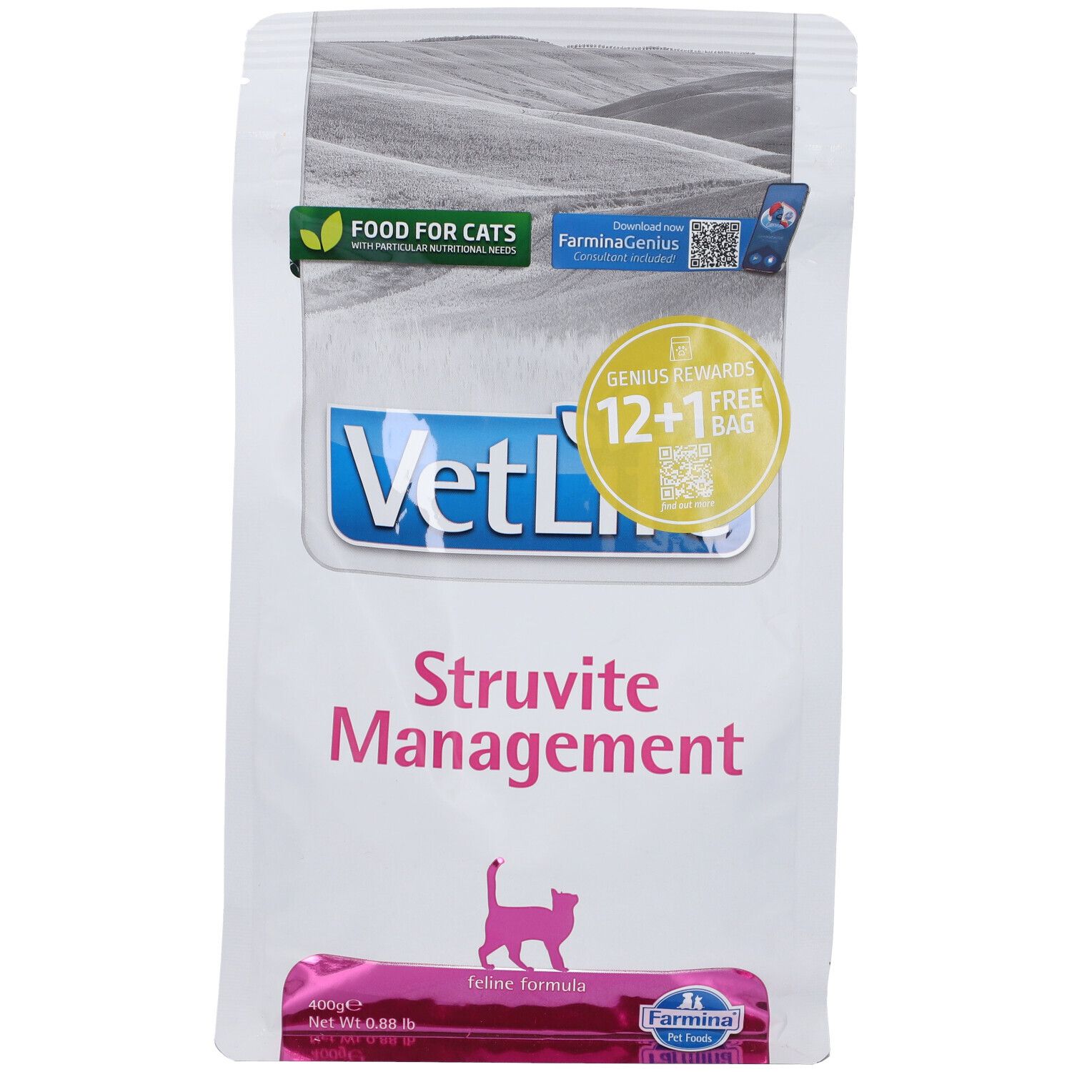 Sacchetto di cibo secco. Scritta: VetLife Struvite Management. Silhouette di gatto rosa. Promozione 12+1 gratis.